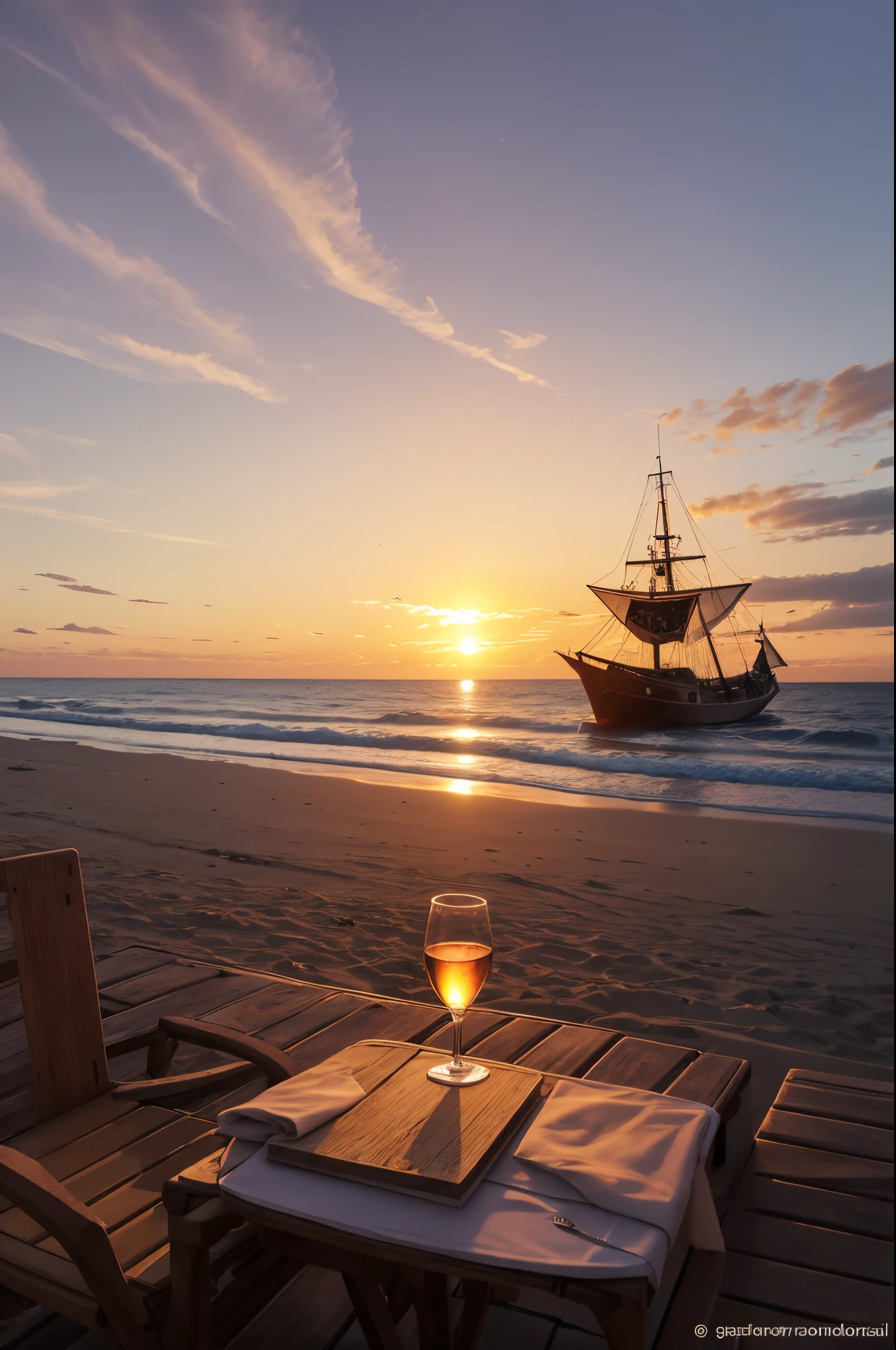 il y a une table avec une bouteille de vin et un verre de vin dessus, Pirate ship in the background, sur la plage au coucher du soleil, au coucher du soleil, Sunset at the beach, au coucher du soleil, Regulations du jour, at beach at sunset, au lever du soleil, sur la plage au coucher du soleil, Lever du soleil tôt le matin, au coucher du soleil, Soir, Réglage crépusculaire, au lever du soleil