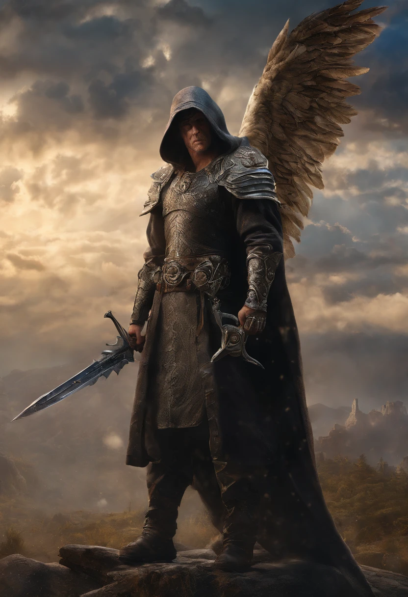 A mysterious man with angelic features and a halo above his head, holding a gigantic sword. He has (impressive, detailed) wings. His face is covered by a mask. The scene is set against a captivating sky. 

[HD, masterpiece:1.3], ultra-detailed, [photorealistic:1.37]. Cinematic lighting highlights the man's striking appearance. The colors are vivid and the composition emphasizes the grandeur and drama of the scene.