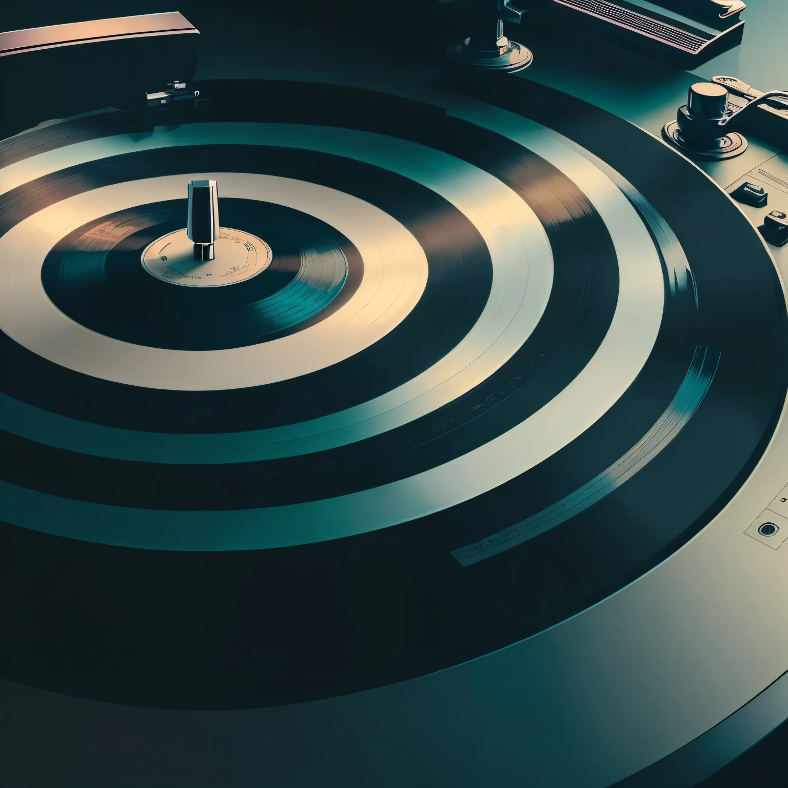 black background, vinyl record player playing, close up view of vinyl record player, question marks everywhere, retro, vintage atmosphere, high quality, detailed description.