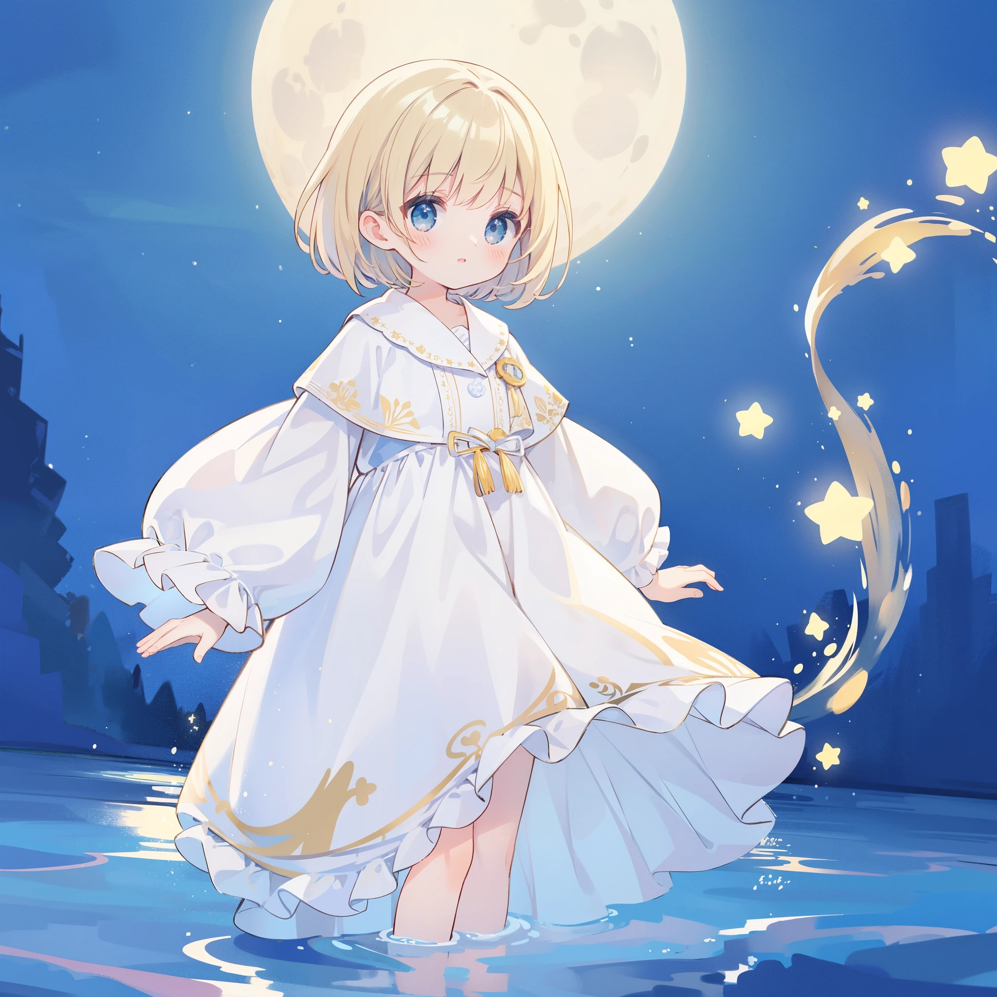 Top Quality, Masterpiece, Ultra High Resolution, Flat Design, simple background, giant glowing cute stars, colorful, cute girl standing in water, starry sky in background, huge full moon, water ripples, beautiful simple flowing white dress