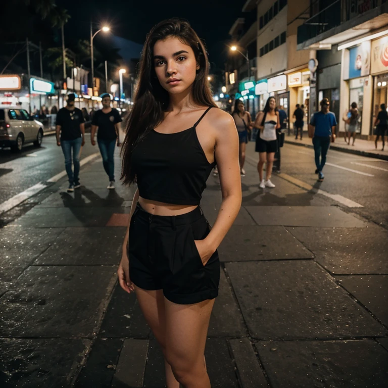 fotografia de uma mulher de 19yo, rosto perfeito, standing on her feet, passeando na cidade a noite