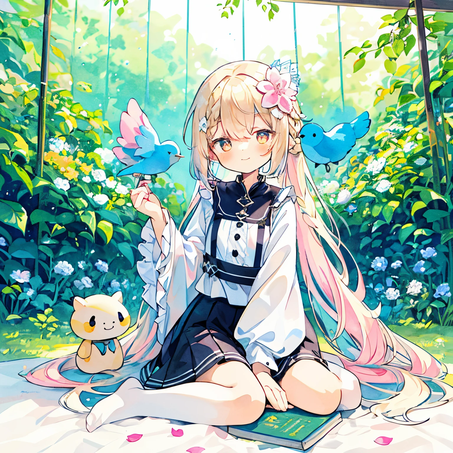 Transparent watercolor,girl with,Jewel Eyes,Beautiful arrangements and motifs、Originality、depth of fields , Fantastic, Transparency、Thin blonde hair、(Single braid)、Orange Eyes、White flower hair ornament、White clothes、Cute clothes、Clothes with ribbons、frill shirt、bulging sleeves、small petals、kawaii pose、full body Esbian、Cute smile、Bright girl、Knee-length skirt、sit on a big book、birdie、(pink and light blue bird)