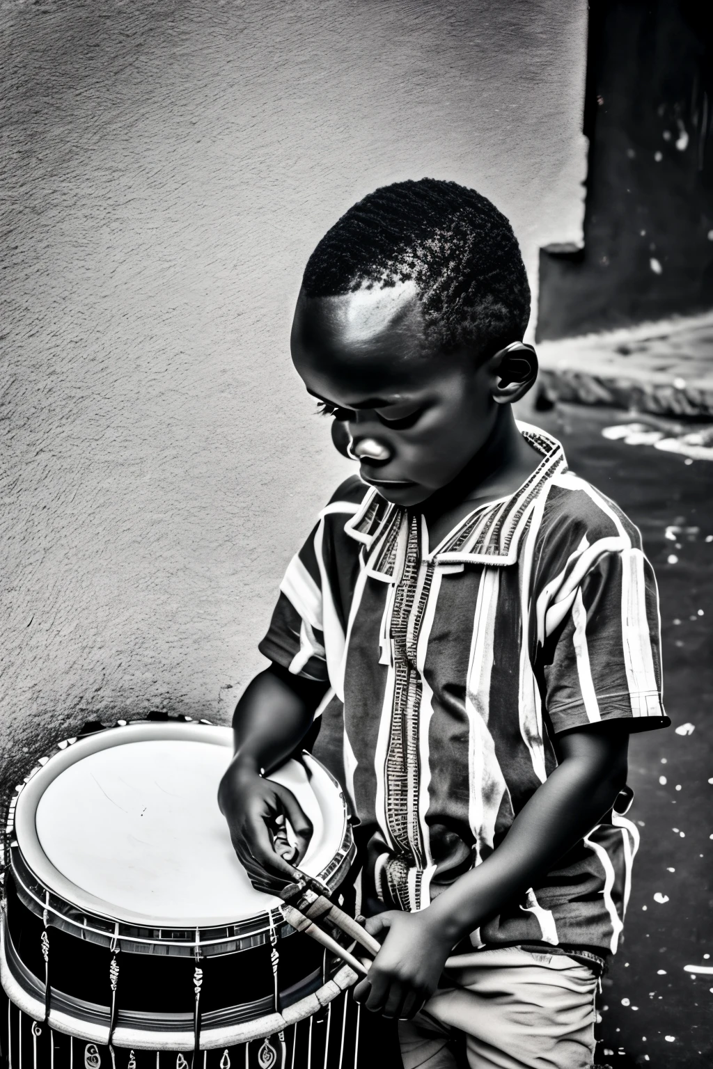 paintings by a 1 boy, who is a musician, plays the Dominican drum, He is African brown, She has 4c curly hair, He wears a black shirt, He is only seen from the torso up while he plays the drum. Behind him is the Dominican flag.