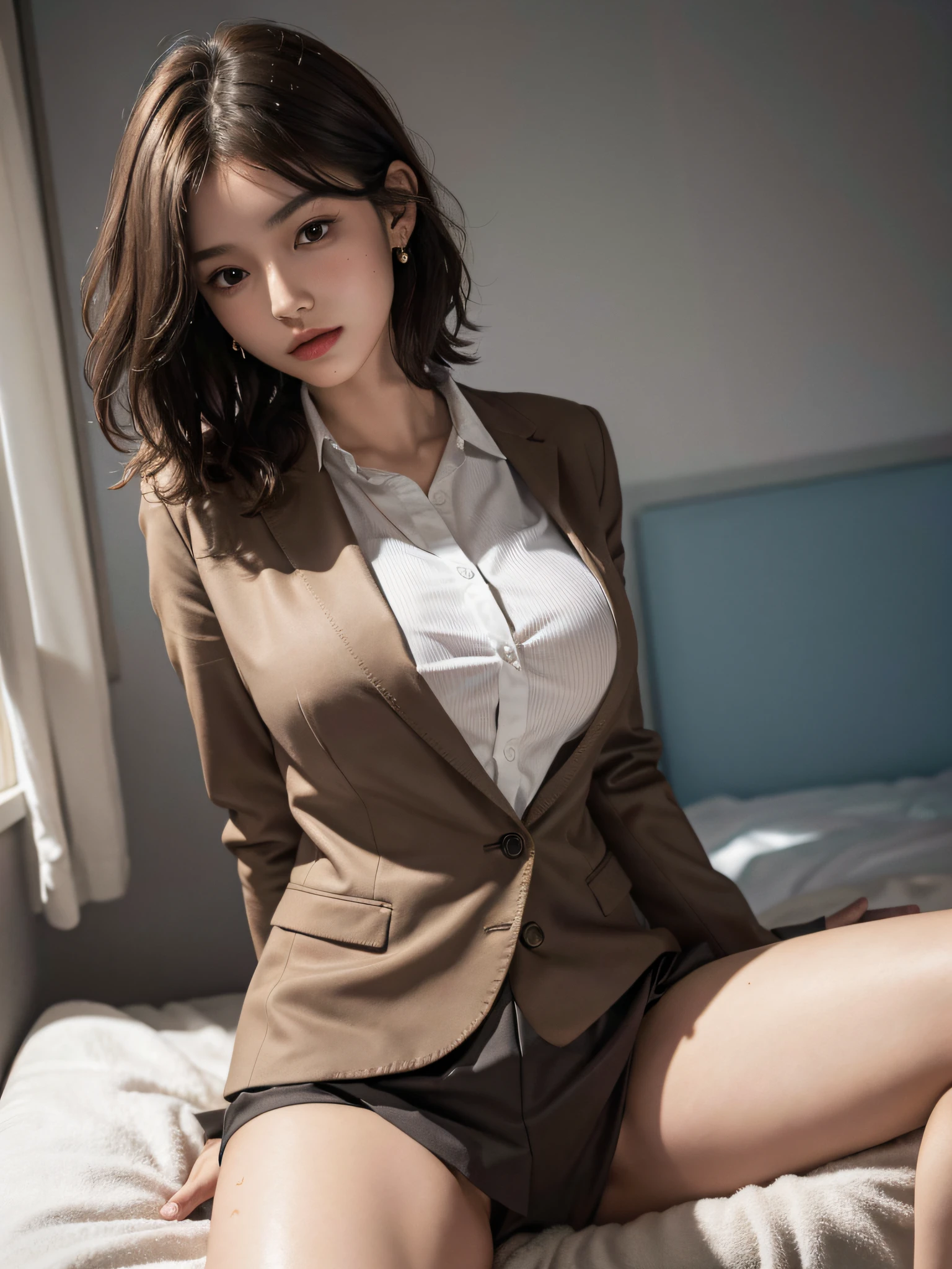 absurderes, Raw photo, Extremely delicate and beautiful, masutepiece, Best Quality, Ultra High Resolution, 16 K, hyper realisitic, Ultra-detailed, Perfect Anatomy, super detailed skin, Perfect figure, Very detailed CG 8k wallpaper, in her 20s, Very slim body, Narrow waist, Very small head, Very small face, Delicate facial features, tear moles, Earring, thin legs, (very massive round chest), Full body shot, Short hair, (Wavy Hair), (light brown hair), (Wet clothes), ((School uniform)), (Blazer), ((Crotch widening)),
