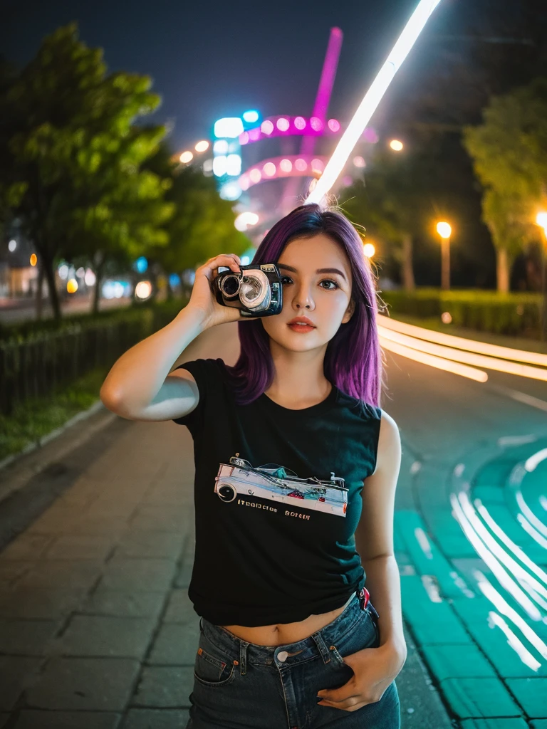 create a hyper realistic image of cute girltaking a selfie in the park, purple hair hair, wearing black t-shirt and jeans, green eyes. long dark eyebrows, long eyelashes, background of outside , 8k, high detailed, sharp focus.,(light trail photography:1.3), (Car taillights), Many tail light wires, (tail light line art), winding city road:1.3, Camera is in manual mode, ND16 filter, F/8, ISO100, (150 seconds long exposure), Shoot from above, Amazingly beautiful lighting, Complex, (tmasterpiece), (Best quality at best), (hyper-high detail), (realisticlying:1.3)
