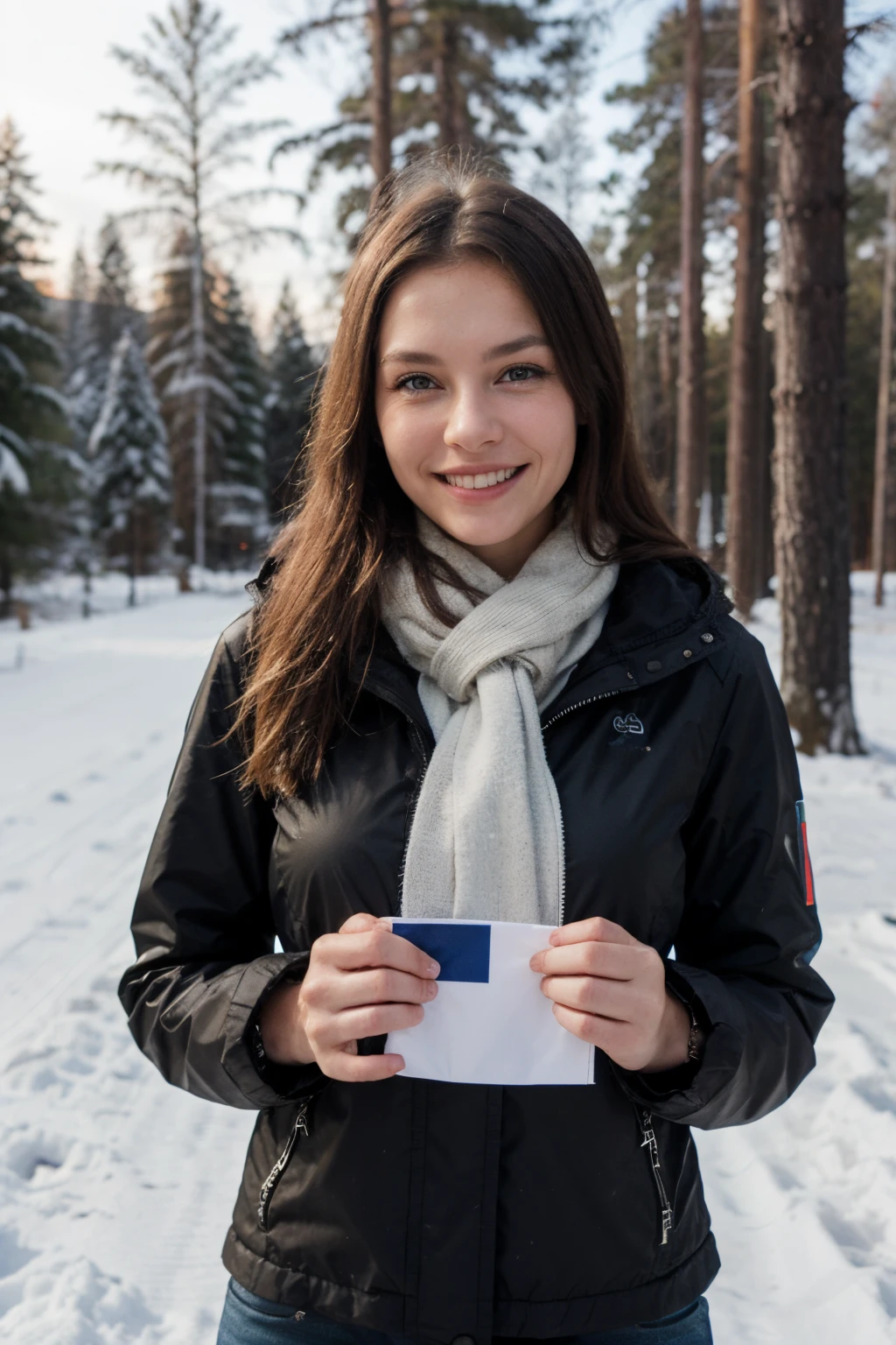Finnish woman, flag of Finland in hand, snowy forest, wearing winter jacket, smiling
