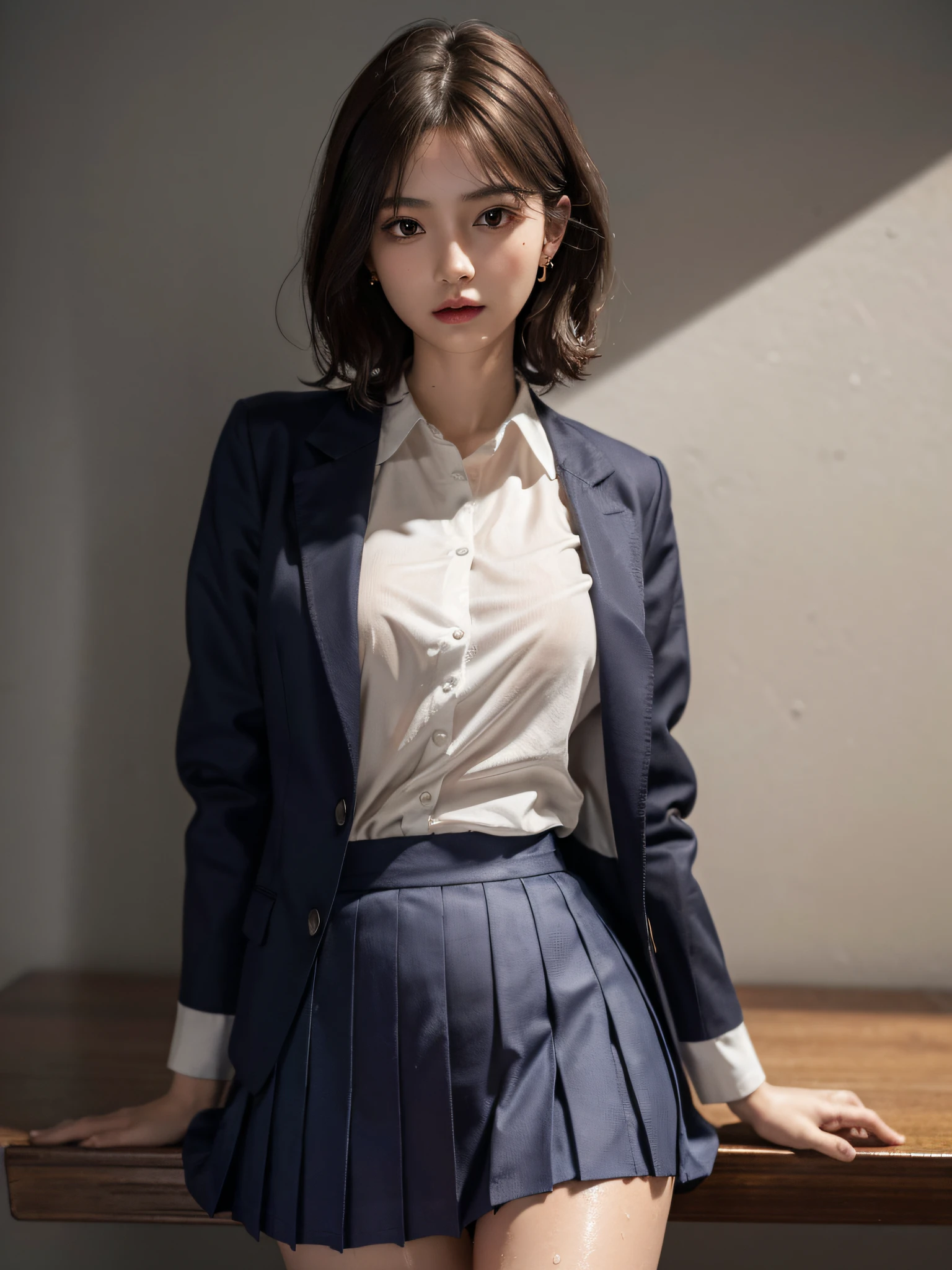 8K RAW photo, high resolution, 21 year old cool Korean, big round breasts, school uniform, tie, tie ribbon, blazer, skirt, beautiful eyes in detail, long eyelashes, beautiful double eyelids, eye shadow, slit eyes, sanpaku eyes, dark eye makeup, evil smile, beautiful thin legs, short hair gathered at the back, earrings, school classroom
