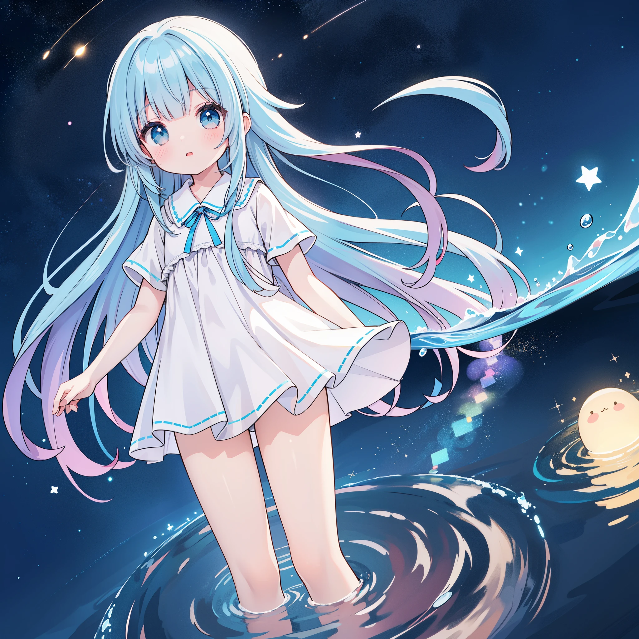 Top Quality, Masterpiece, Ultra High Resolution, Pretty Facial Features, Flat Design, Shoshi no Ko, Hoshino Ai, simple background, giant glowing cute stars, ziyu, colorful, cute girl standing in water, starry sky in background, huge full moon, water ripples, beautiful simple flowing white dress