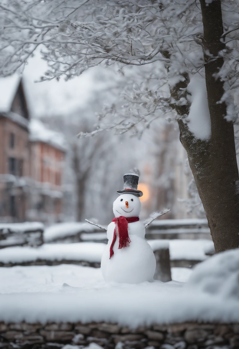 (best quality,4k,highres,masterpiece:1.2),ultra-detailed,(realistic,photorealistic,photo-realistic:1.37),snowy winter landscape,snow-covered trees and buildings,a charming snowman This is a winter snow scene picture,The image quality is very high,The resolution is 4K,Very realistic and pursuing photorealism,The entire picture has ultra-fine detail expression。The picture shows a cold winter scene,Covered by large tracts of white snow。there are some trees,They are all covered in snow and are pure white,As if hanging silver decorations。You can also see several buildings,Their roofs are also covered with snow。In one corner of this screen,There is a cute snowman,It is made of three snowballs superimposed,Two small arms stretched out,As if welcoming this cold winter。The whole picture presents a beautiful and charming winter scenery。