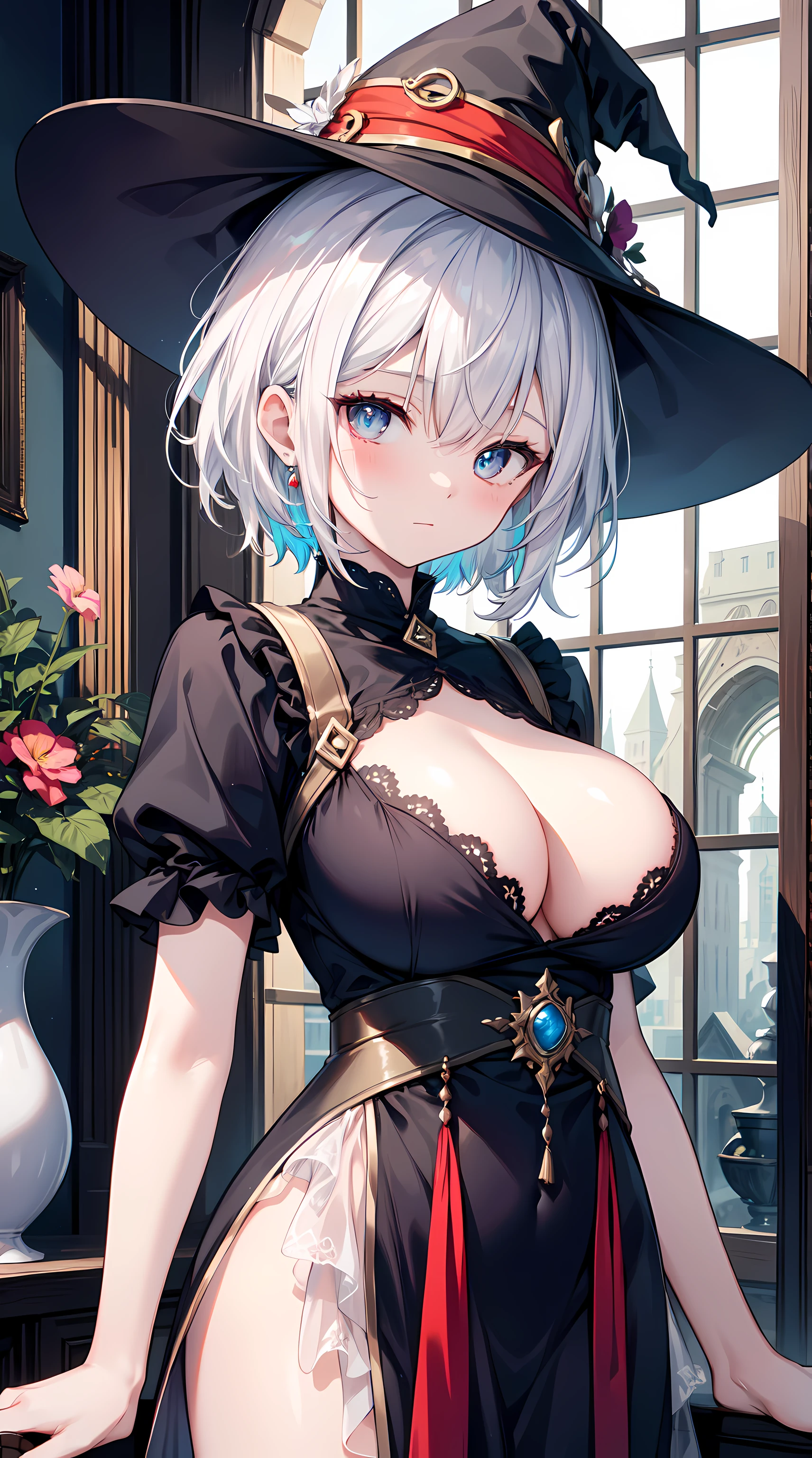 (tmasterpiece), (a work of art), (amazing job), (詳細な目), (delicate skin), (heterochromatic eyes), (Multicolored), (Women's short hair style with bangs), (Eyes are bright), (1 busty girl) With a witch's hat, old, Old, Dress in extravagant medieval costumes, tmasterpiece, Best quality, best designer, Best Best Illustration