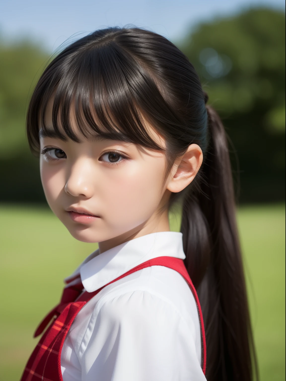 Japanese,7 years old,Innocent face,Teenage Girl,cute,Primary school students,private elementary school,uniform,Summer clothes,Are standing,Entrance ceremony,In front of the school gate,from the front,Close-up photo from the waist up,Twin tails,short hair,Hair Clip