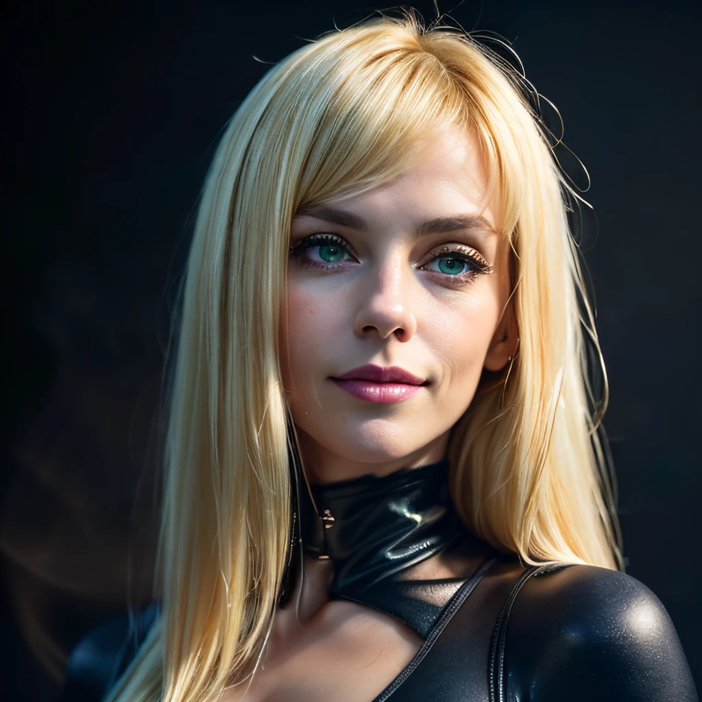 (((masterpiece))), 8k cg, best quality, intricate details, chromatic aberration, ((bust shot)), close up, ((looking at the viewer)), 1girl,Country girl, ((Character((tom boy)), smile, closed mouth, tight lips, green eyes)), mature lady, 40 years old, aged face, strong features, ((medium long hair, ((blonde hair)), straight bangs)), ((body suit)), defined body, petite, slender, curvy, (((background(((dark background)), fog)))