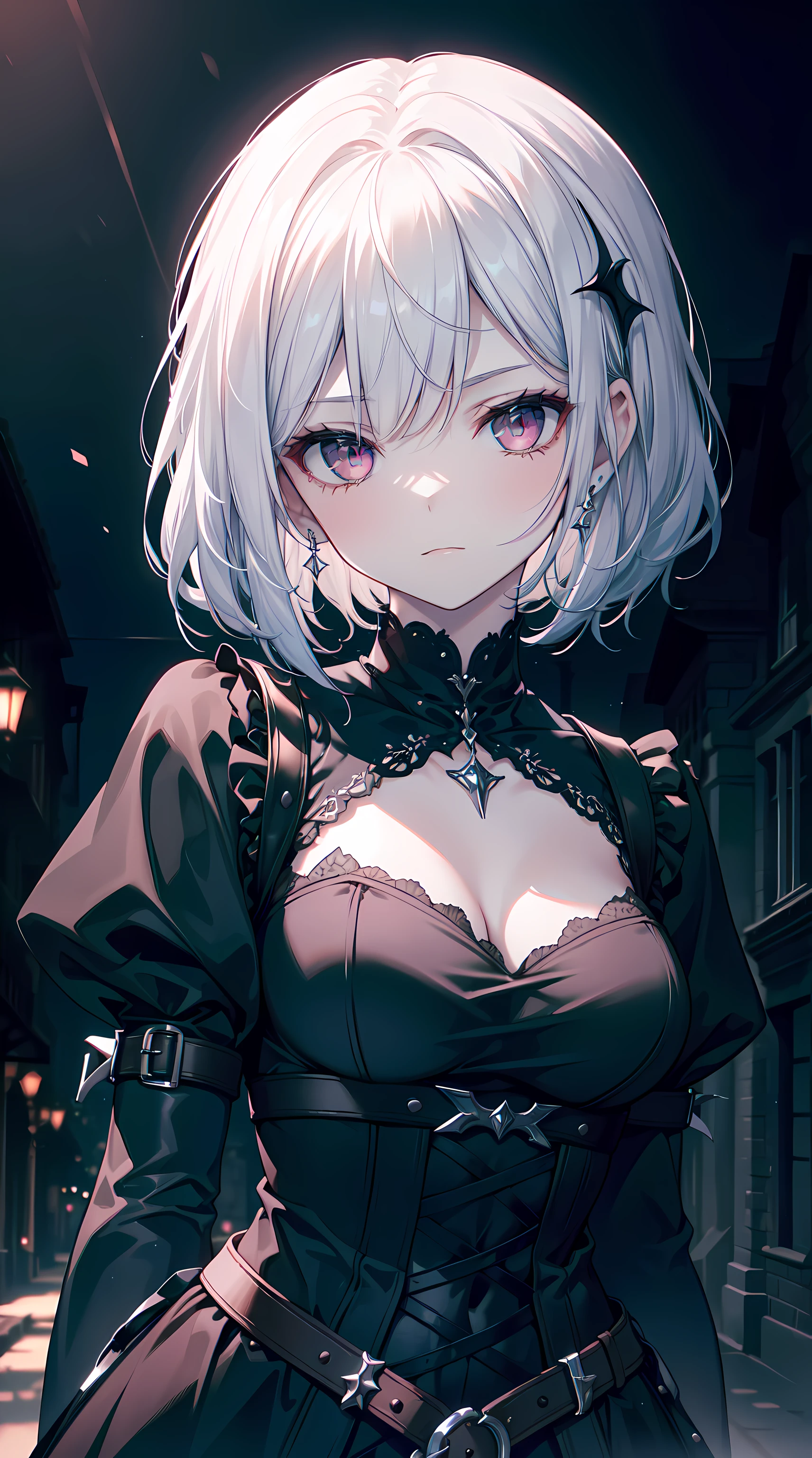 (high high quality: 1.3), Cinema lenses, tmasterpiece, (Focus sharp: 1.5), (realistically: 1.3), Medium portrait (A beautiful young vampire woman, pale-skinned, Gothic, Still proud and fierce, Black short bob straight hair, dark look, Wearing a sophisticated dark tunic, Dark atmosphere, But shape it in a way that contrasts light and dark), It's already evening, (highlydetailed skin), (Detailed faces), detailedbackground, Dim light, dusk lighting, Volumetriclighting, Complicated details, hyper HD,
