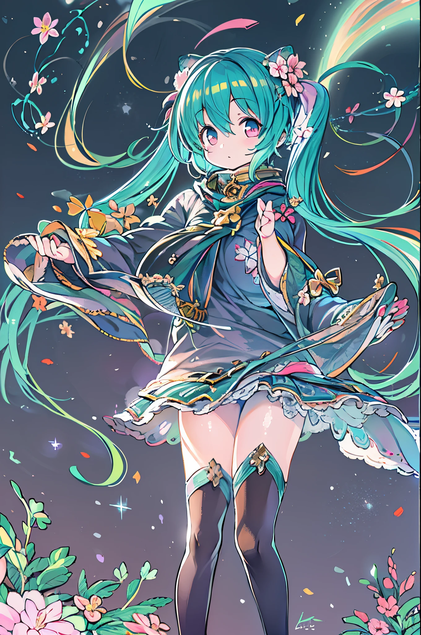 (Best Quality, masutepiece), 1girl in, Pose, Particle, Wind, flower, Upper body, Simple background, Looking at Viewer,miku hatsune, Galaxy,