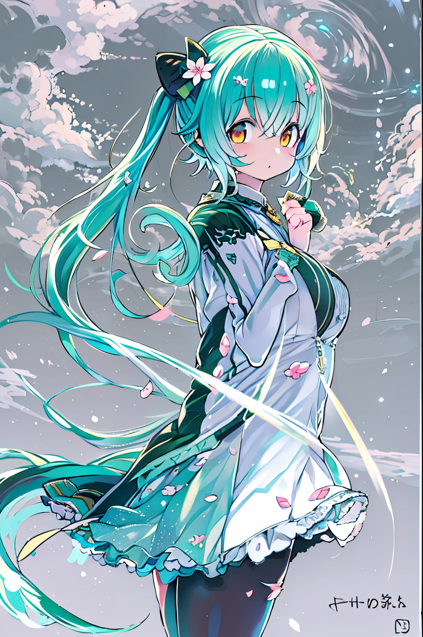 (Best Quality, masutepiece), 1girl in, Pose, Particle, Wind, flower, Upper body, Simple background, Looking at Viewer,miku hatsune, Galaxy,