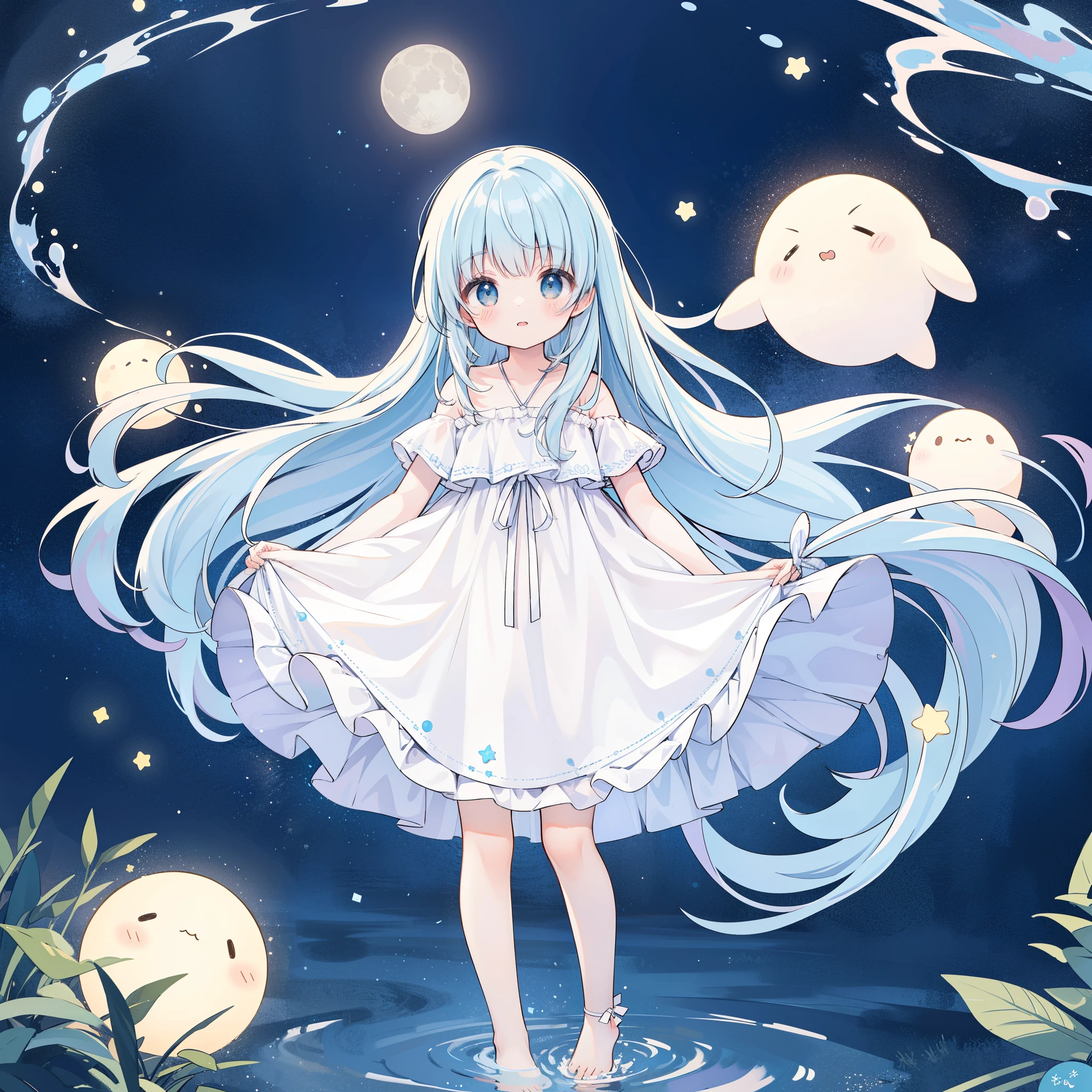 Top Quality, Masterpiece, Ultra High Resolution, Pretty Facial Features, Flat Design, Shoshi no Ko, Hoshino Ai, simple background, giant glowing cute stars, ziyu, colorful, cute girl standing in water, starry sky in background, huge full moon, water ripples, beautiful simple flowing white dress