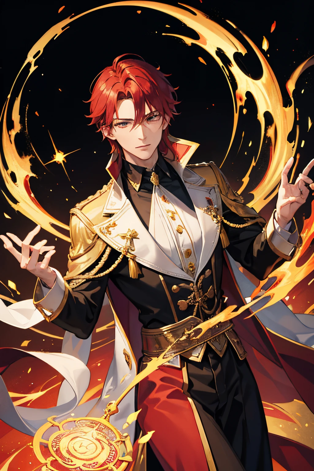 Draw me the god of magic. Male. Handsome face. Age 40. Dark-red hair. Fully clothed. Royal clothes. Clothes are red, scarlet, white, black, golden. Masterpiece. Magic effects. Magic spells.