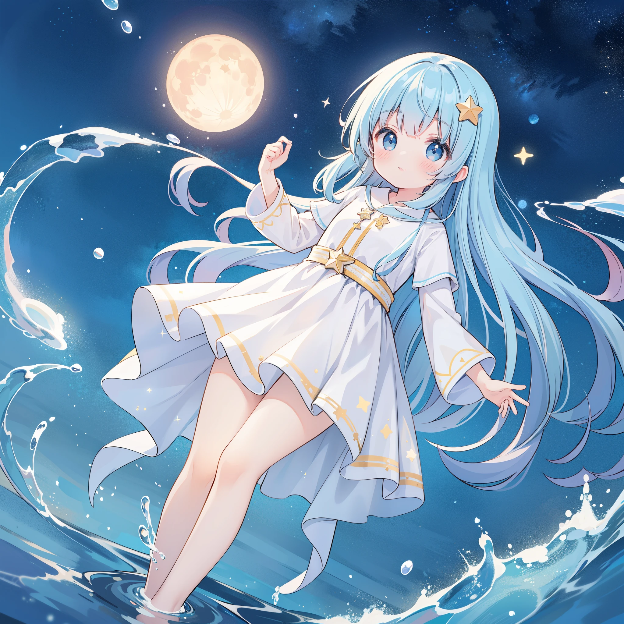 Top Quality, Masterpiece, Ultra High Resolution, Pretty Facial Features, Flat Design, Shoshi no Ko, Hoshino Ai, simple background, giant glowing cute stars, ziyu, colorful, cute girl standing in water, starry sky in background, huge full moon, water ripples, beautiful simple flowing white dress