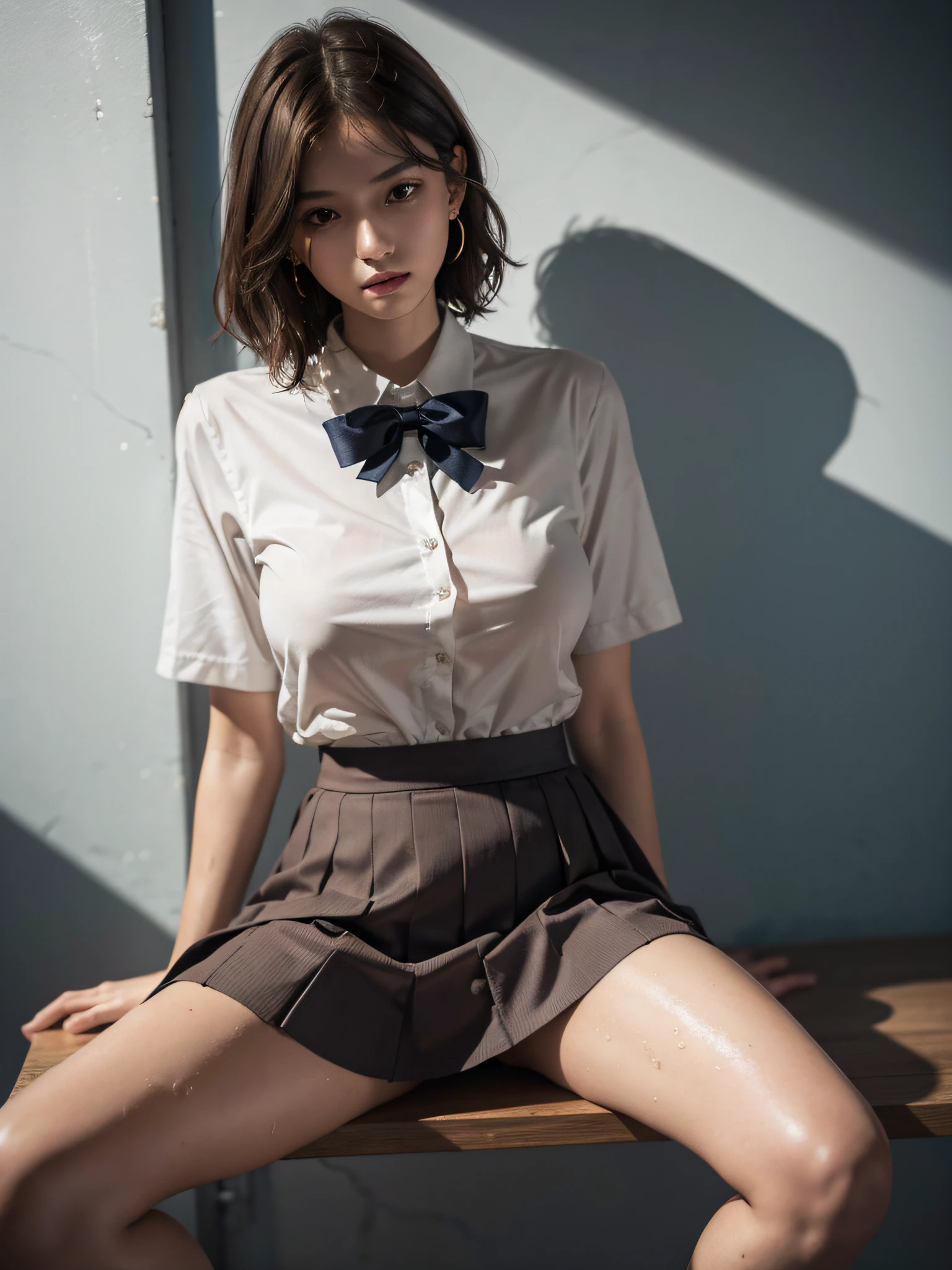 absurderes, Raw photo, Extremely delicate and beautiful, masutepiece, Best Quality, Ultra High Resolution, 16 K, hyper realisitic, Ultra-detailed, Perfect Anatomy, super detailed skin, Perfect figure, Very detailed CG 8k wallpaper, in her 20s, Very slim body, Narrow waist, Very small head, Very small face, Delicate facial features, tear moles, Earring, thin legs, (very massive round chest), Full body shot, Short hair, (Wavy Hair), (light brown hair), (Wet clothes), ((School uniform)), Skirt, (Blazer), (((Open legs))),