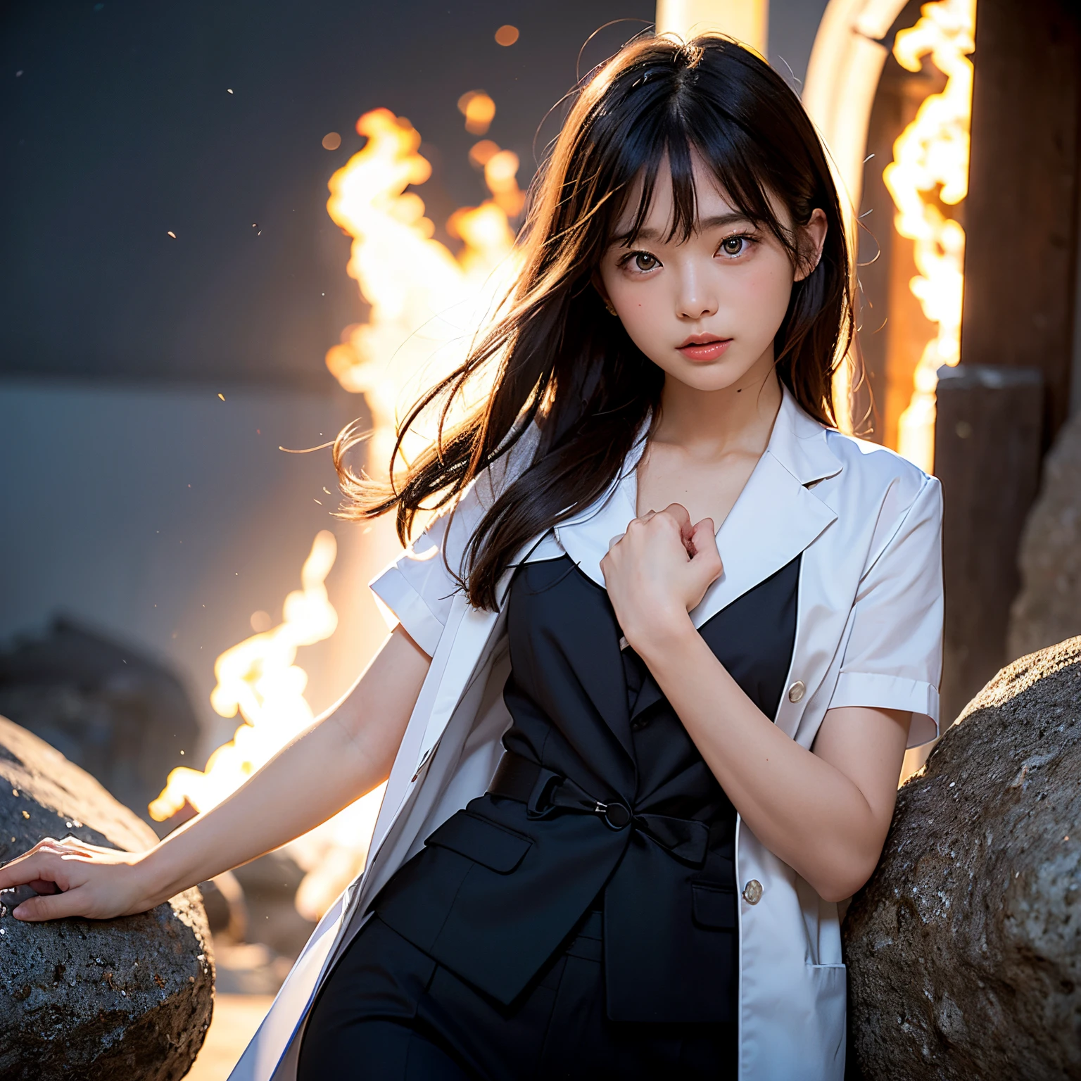 (masutepiece, Best Quality:1.2), 8K, Official art, Wearing a suit、Five Fingers、Full body photo, full body Esbian、Suit Beauty、Big Dipper in the background、star explosion、Beautiful barefoot woman with dark hair, hold a flame in your right hand、In his left hand he has a blizzard、Bright lava light rises above the broken Earth from beneath the asteroid belt(Jagged rock rocks and fragments shot into the air:1.3) (Storm of windy dust debris:1.1) Volume fogmist by trace Z、It can allow bright light from below to pass through、 (masterpiece) (top-quality) (detaileds) (8K) (电影灯光) (foco nítido) (Convoluted)A dark-haired、14years、small tits、A delightful、A smile、unbelievable Ridiculous, (Beautiful girl with upper body, Pretty Face, arching back down, Gold hair ornament on hair、Wearing a cute suit、close up, Wearing a suit, Short sleeve, gardenia, violaceaess, Teen, space system, Looking at Viewer, Film grain, chromatic abberation, Sharp Focus, face lights, Dynamic lighting, Cinematic lighting, Eyes and faces with detailed, Bokeh background, (Tie with Emma written on it、1 copy:1.2)
