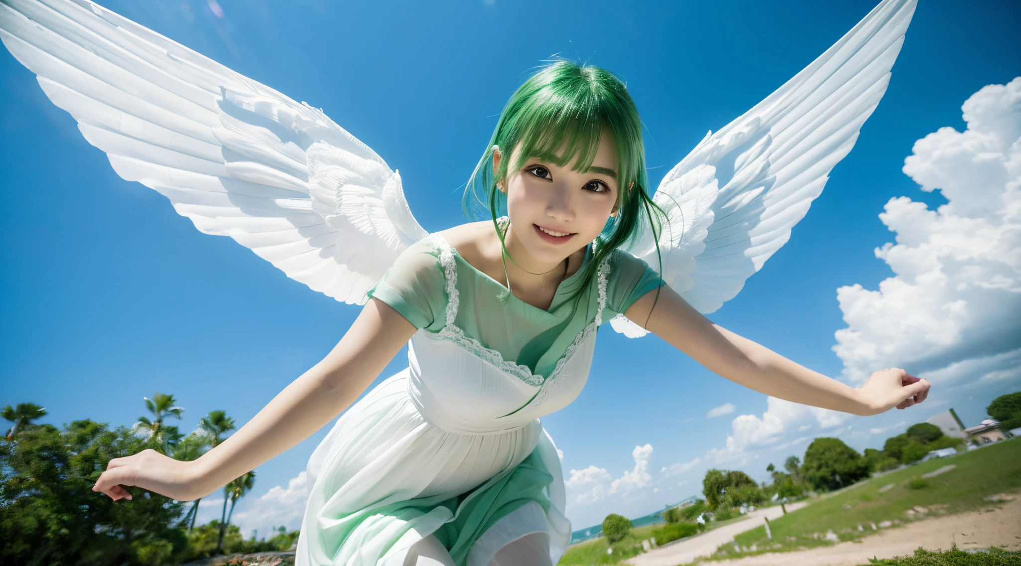 (top-quality,8K picture quality,​masterpiece:1.3,),(超A high resolution,Photorealsitic:1.4,Raw photography),(ultra-detailliert,Caustics,perfect anatomia),(Ultra-realistic capture,Beautifully detailed skin),A girl flies in the sky with big angel wings on her back,Floating in the air,green colored hair,smil,stares at the camera,Simple white dress,(Low position:1.2),(low angles:1.2),Skysky,​​clouds,natural soft light