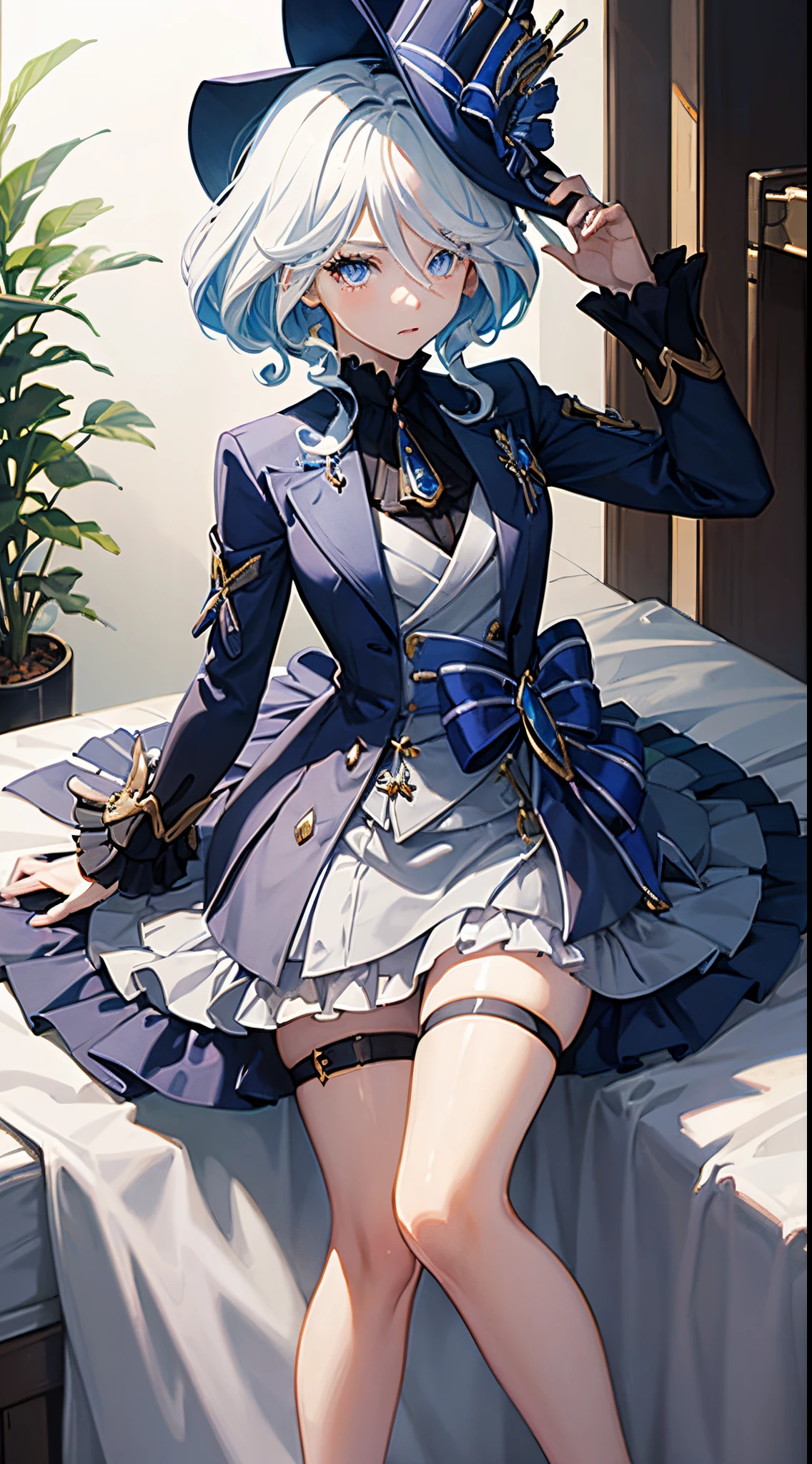 Anime girl has white hair, two light and dark blue eyes, and wears a tall hat. She is a character in anime and is drawn in detail. Additionally, she appears in fanart and in the game Genshin Impact. Her art style is very formal and high-quality.