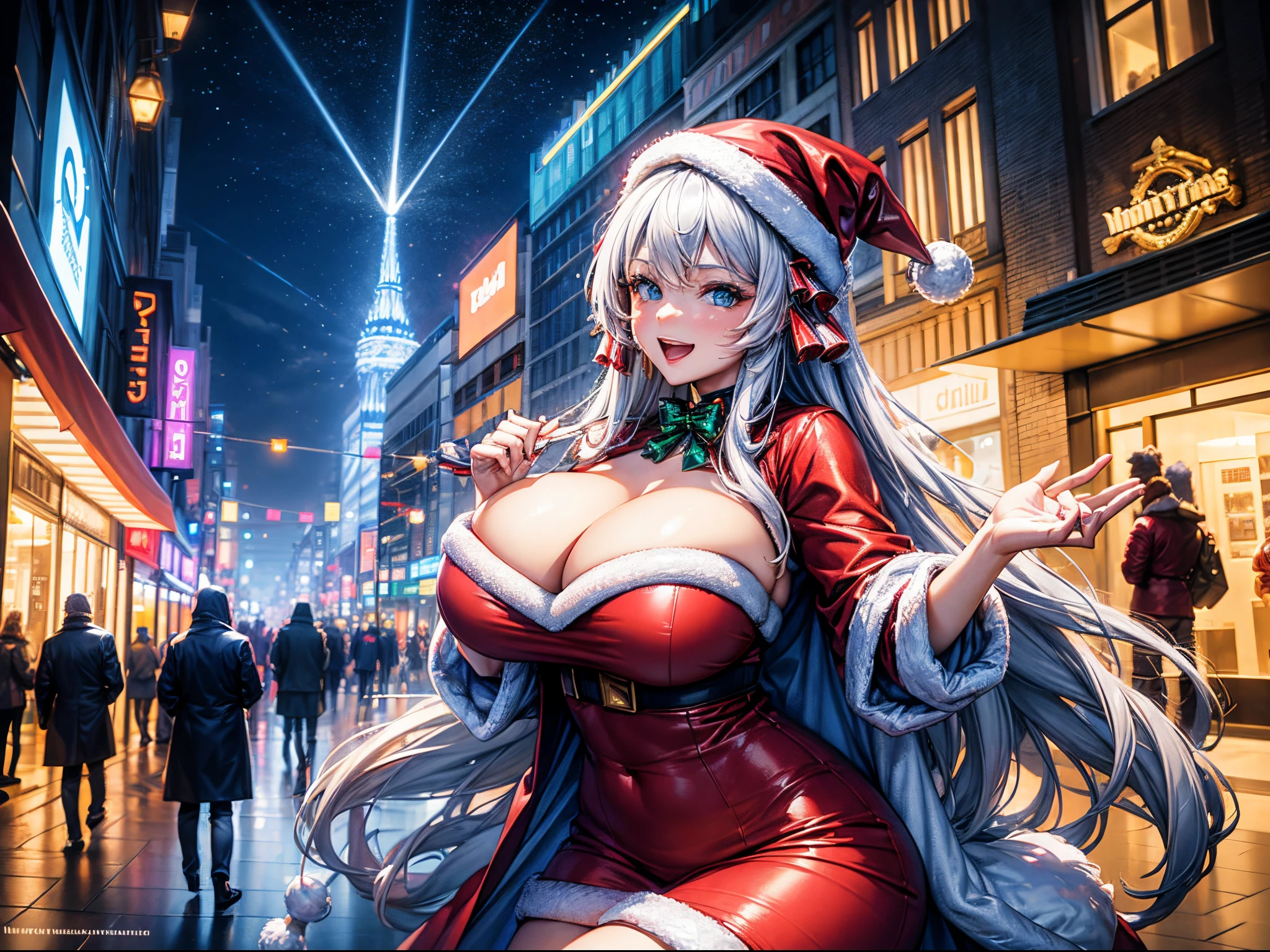 Embrace the holiday spirit by transforming the futuristic city into a Christmas wonderland. Imagine festive decorations, AI-driven Santa bots, and a cityscape adorned with colorful lights. This prompt combines the magic of Christmas with the advanced technology of Leonardo AI. enormous tits