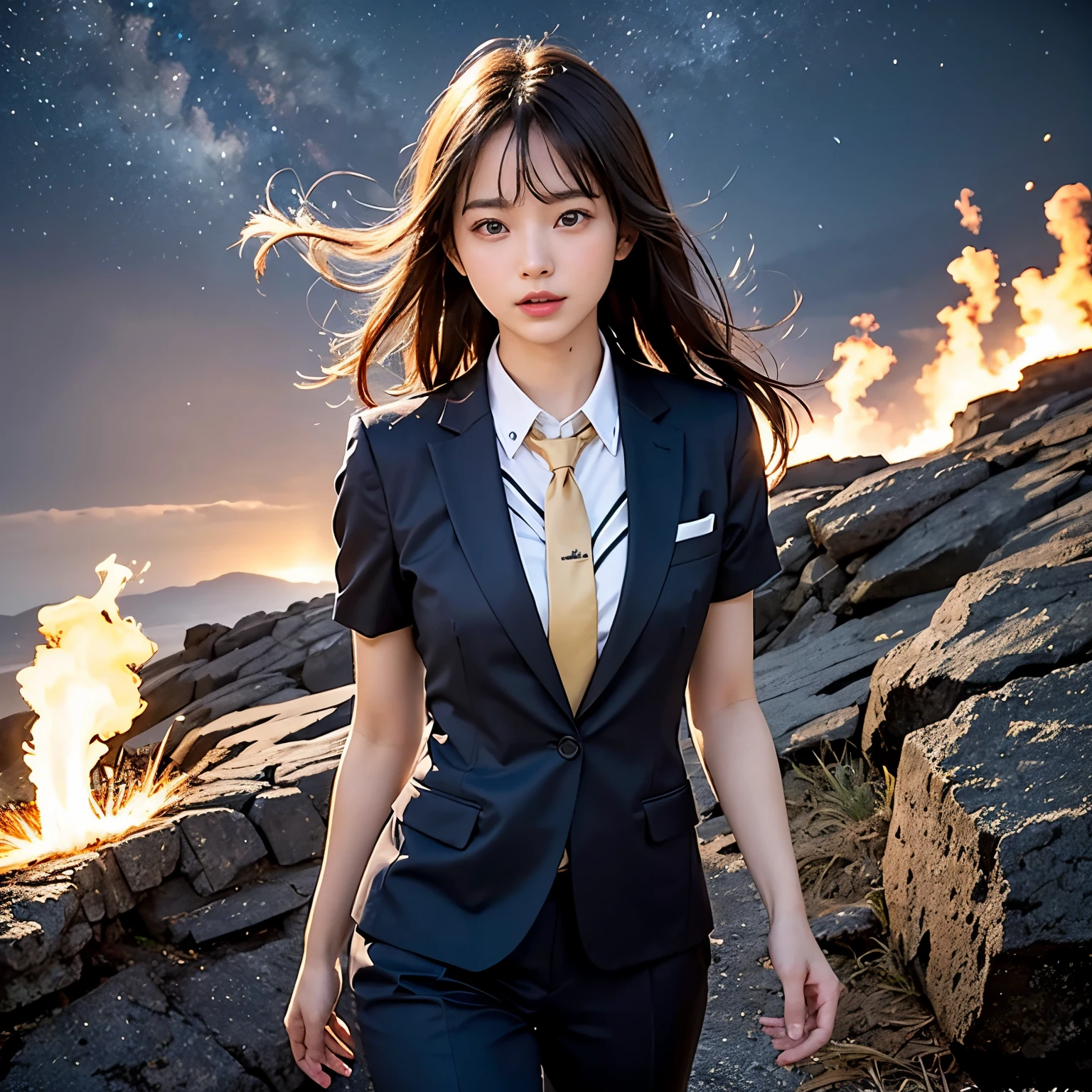 (masutepiece, Best Quality:1.2), 8K, Official art, Wearing a suit、Five Fingers、Full body photo, full body Esbian、Suit Beauty、Big Dipper in the background、star explosion、Beautiful barefoot woman with dark hair, hold a flame in your right hand、I have a snowstorm in my left hand、Bright lava light rises above the broken Earth from beneath the asteroid belt(Jagged rock rocks and fragments shot into the air:1.3) (Storm of windy dust debris:1.1) Volume fogmist by trace Z、It can allow bright light from below to pass through、 (​masterpiece) (top-quality) (detaileds) (8K) (电影灯光) (foco nítido) (Convoluted)A dark-haired、years、small tits、A delightful、A smile、unbelievable Ridiculous, (Beautiful girl with upper body, Pretty Face, arching back down, Gold hair ornament on hair、Wearing a cute suit、close up, Wearing a suit, Short sleeve, gardenia, violaceaess, Teen, space system, Looking at Viewer, Film grain, chromatic abberation, Sharp Focus, face lights, Dynamic lighting, Cinematic lighting, Eyes and faces with detailed, Bokeh background, (Tie with Emma written on it、1 copy:1.2)