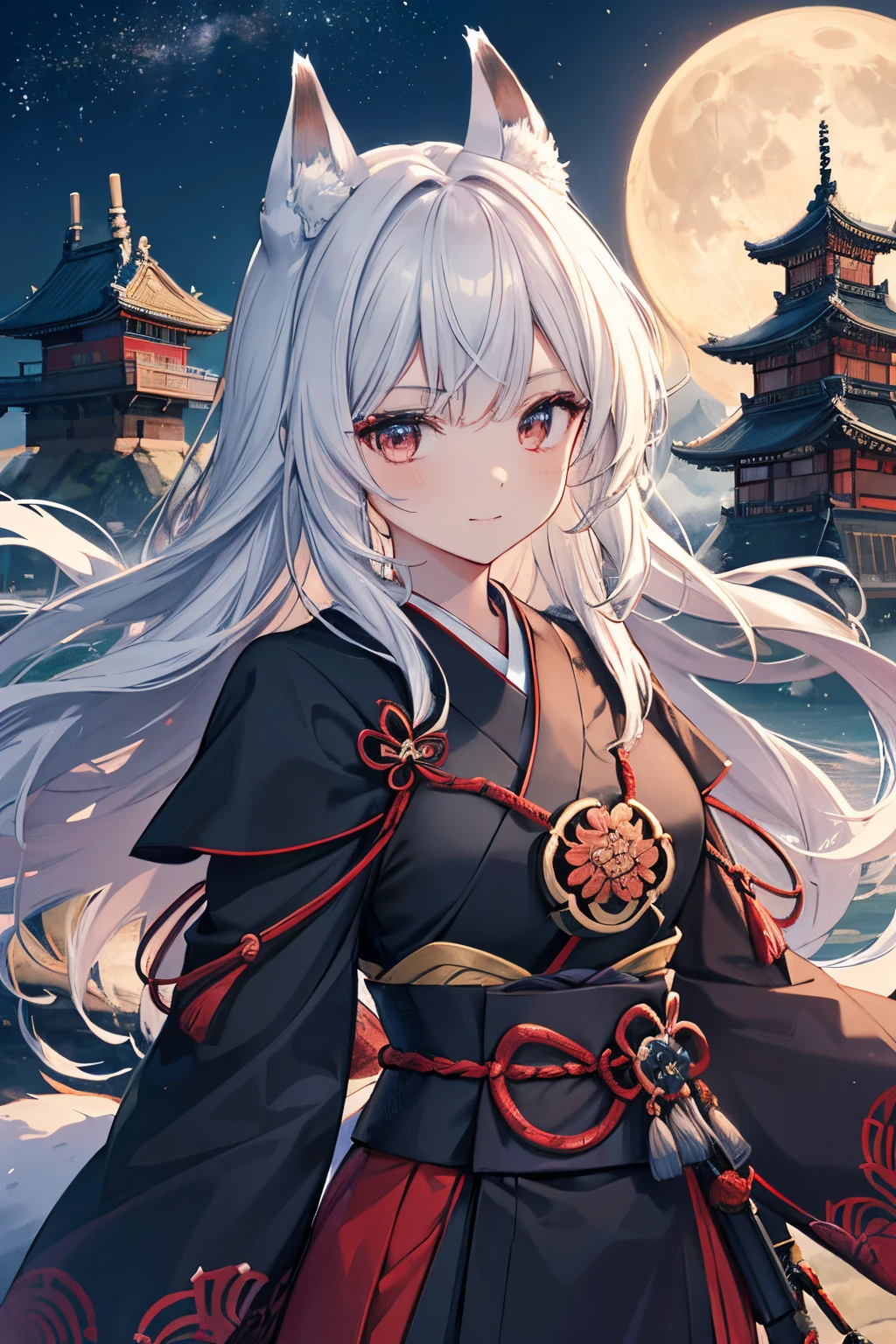 A woman who wears a symbol of rigor and honor. (Familiar face) (Hyaku Forged Steel). Long fox ears, samurai armor, Japanese sword and cloud airflow, Japanese style castle, visible sky, flat castle interior, morning and night, sun and moon, bushido, colorful colors. What is necessary for Hyaku Forged Steel. smile Celestial, Epic, (100 Forged Steel: 1.2), black, red tones. A fantasy world, a cute world.