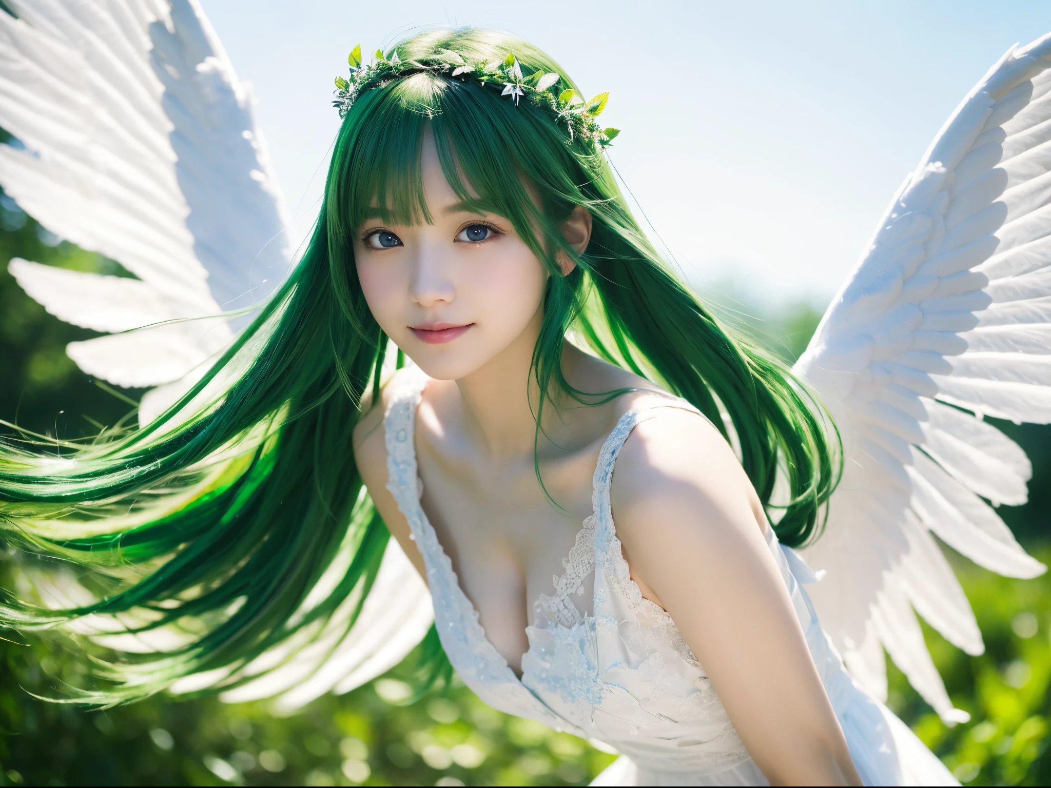 (top-quality,8K picture quality,​masterpiece:1.3,),(超A high resolution,Photorealsitic:1.4,Raw photography),(ultra-detailliert,Caustics,perfect anatomia),(Ultra-realistic capture,Beautifully detailed skin),A girl flies in the sky with big angel wings on her back,Floating in the air,green colored hair,smil,stares at the camera,Simple white dress,(Low position:1.2),(low angles:1.2),Skysky,​​clouds,natural soft light