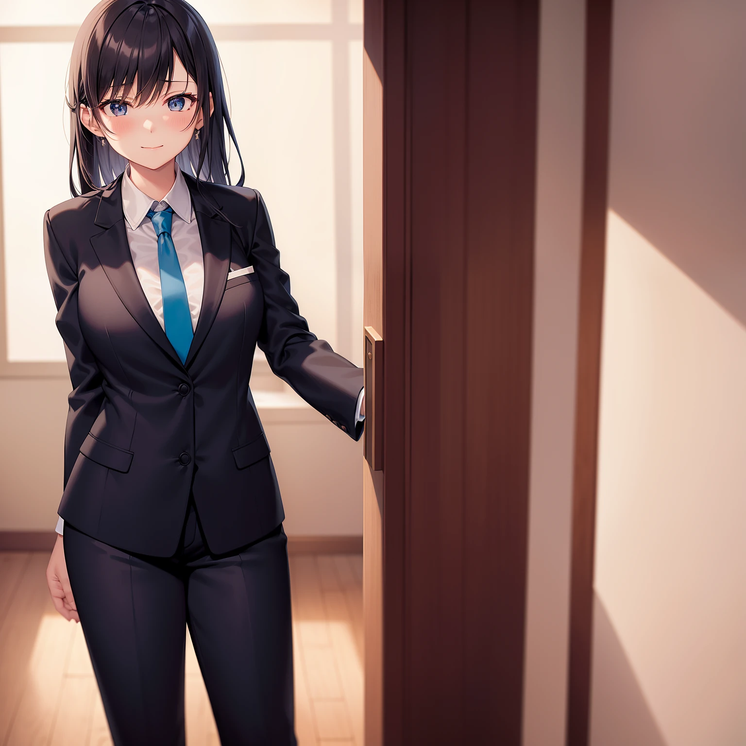 Yukinoshita yukino,woman in formal attireactive suit tuxedo tailcoat standing in a large alcove in the room, 1girl, solo, necktie, black hair, blue eyes, long hair, smile, jacket, looking at viewer, shirt, pants, blue necktie, collared shirt, white pants, white shirt, indoors, bangs, long sleeves, closed mouth, window, black jacket, blush, cowboy shot, formal, suit, full body