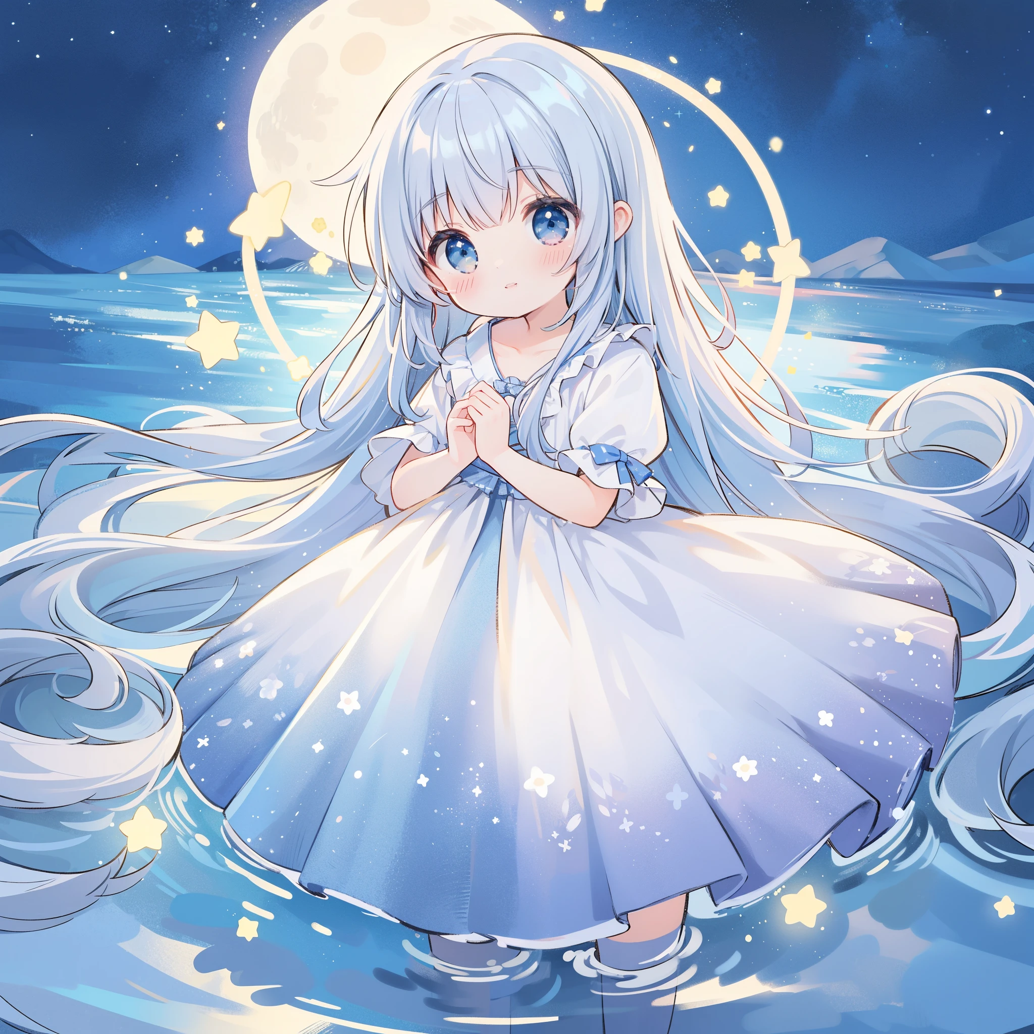 Top Quality, Masterpiece, Ultra High Resolution, Pretty Facial Features, Flat Design, Shoshi no Ko, Hoshino Ai, simple background, giant glowing cute stars, ziyu, colorful, cute girl standing in water, starry sky in background, huge full moon, water ripples, beautiful simple flowing white dress