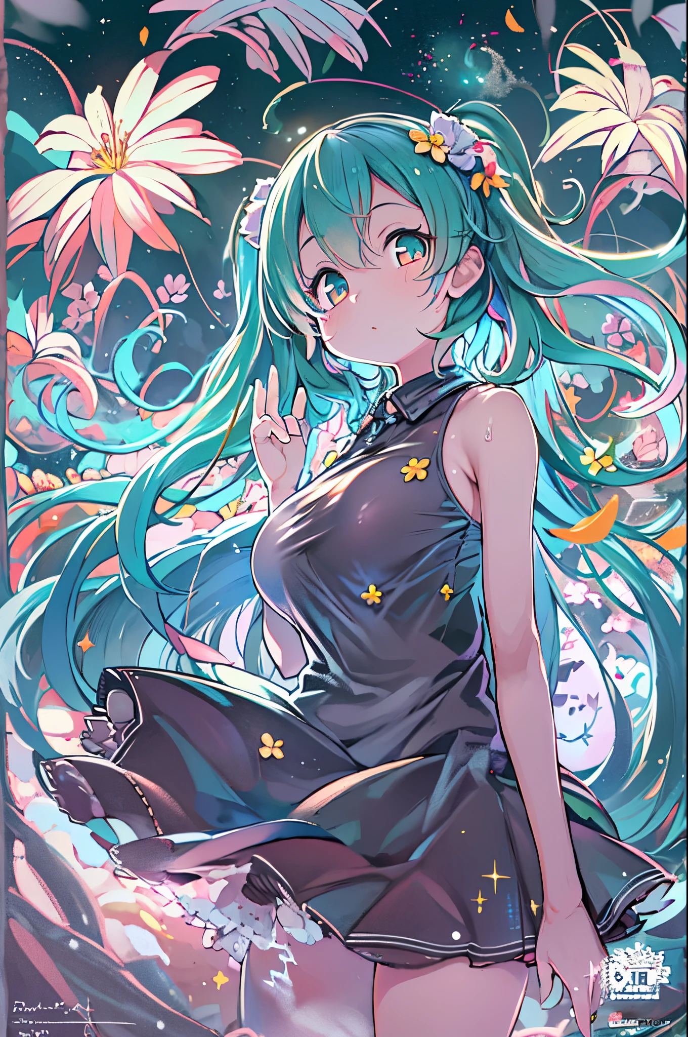 (Best Quality, masutepiece), 1girl in, Pose, Particle, Wind, flower, Upper body, Simple background, Looking at Viewer,miku hatsune, Galaxy,