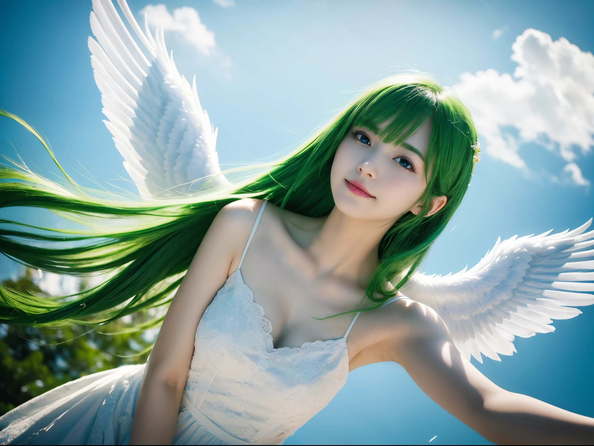 (top-quality,8K picture quality,​masterpiece:1.3,),(超A high resolution,Photorealsitic:1.4,Raw photography),(ultra-detailliert,Caustics,perfect anatomia),(Ultra-realistic capture,Beautifully detailed skin),(A girl flies in the sky with big angel wings on her back:1.1),(Floating in the air:1.1),green colored hair,smil,stares at the camera,Simple white dress,(Low position:1.3),(low angles:1.2),Skysky,​​clouds,llight rays,natural soft light