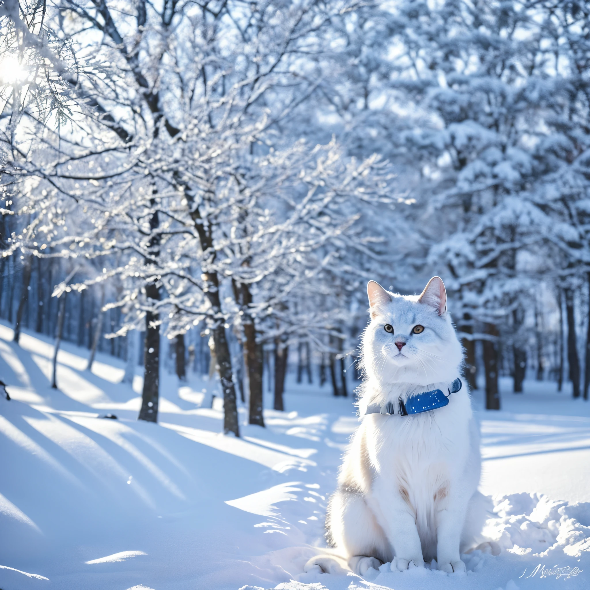 (high quality,realistic),((animal)),white kitten,fluffy,blue baby cap,snow,Christmas ball,winter fairy-tale forest,soft fur,innocent eyes,playful paws,cold breath,sparkling snowflakes,tall snow-covered trees,winter wonderland,peaceful atmosphere,snow-covered ground,magical scenery,subtle sunlight,frosted branches,serene environment,quiet ambiance