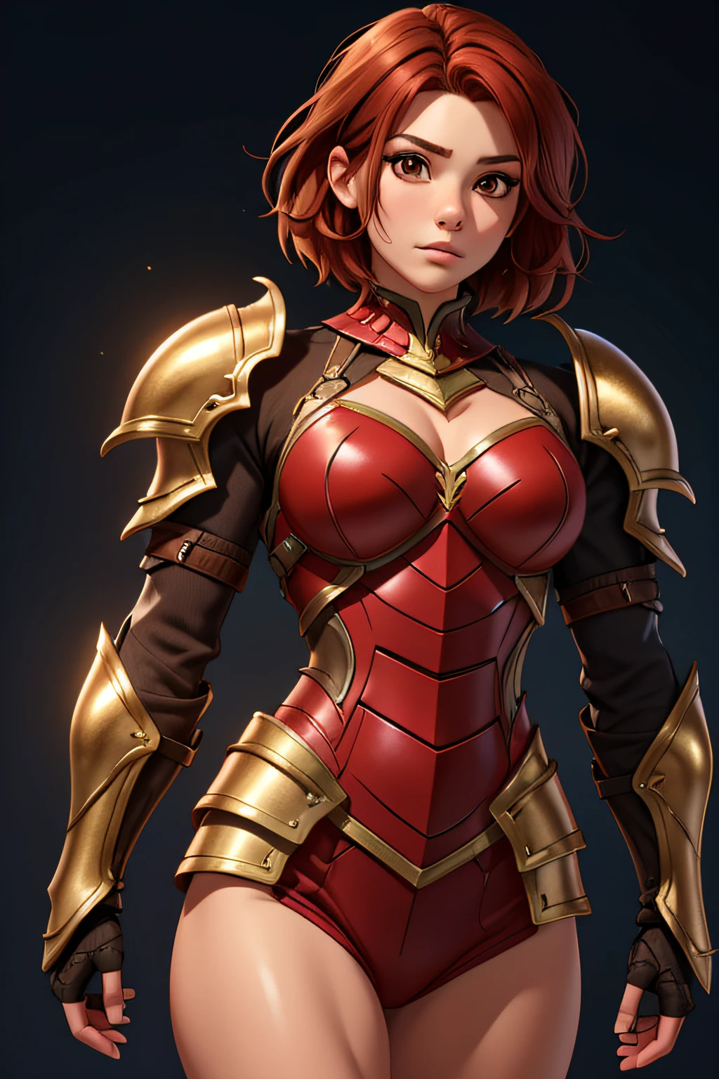 (1 woman), {{armor, brown eyes, red hair, short hair}}, half body shot, muscular, (solid background, 8k quality, highly detailed)