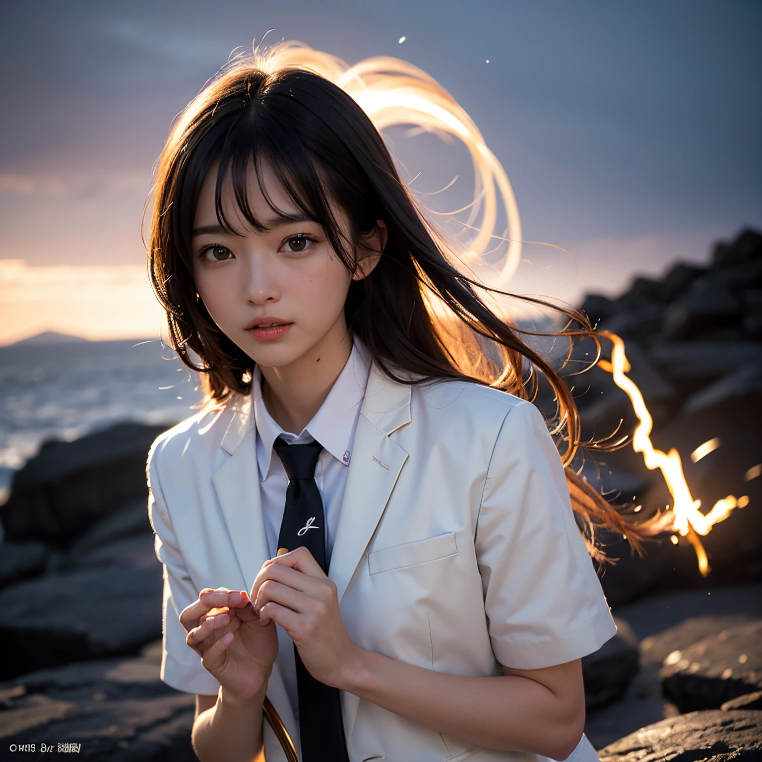 (masutepiece, Best Quality:1.2), 8K, Official art, Wearing a suit、Five Fingers、Full body photo, full body Esbian、Suit Beauty、Saturn in the background、Beautiful barefoot woman with dark hair floating in the air, hold a flame in your right hand、in his left hand he holds a lightning bolt、Bright lava light rises above the broken Earth from beneath the asteroid belt(Jagged rock rocks and fragments shot into the air:1.3) (Storm of windy dust debris:1.1) Volume fogmist by trace Z、It can allow bright light from below to pass through、 (masterpiece) (top-quality) (detaileds) (8K) (电影灯光) (foco nítido) (Convoluted)A dark-haired、14years、small tits、A delightful、A smile、unbelievable Ridiculous, (Beautiful girl with upper body, Pretty Face, arching back down, Gold hair ornament on hair、Wearing a cute suit、close up, Wearing a suit, Short sleeve, gardenia, violaceaess, Teen, space system, Looking at Viewer, Film grain, chromatic abberation, Sharp Focus, face lights, Dynamic lighting, Cinematic lighting, Eyes and faces with detailed, Bokeh background, (Tie with Emma written on it、1 copy:1.2)