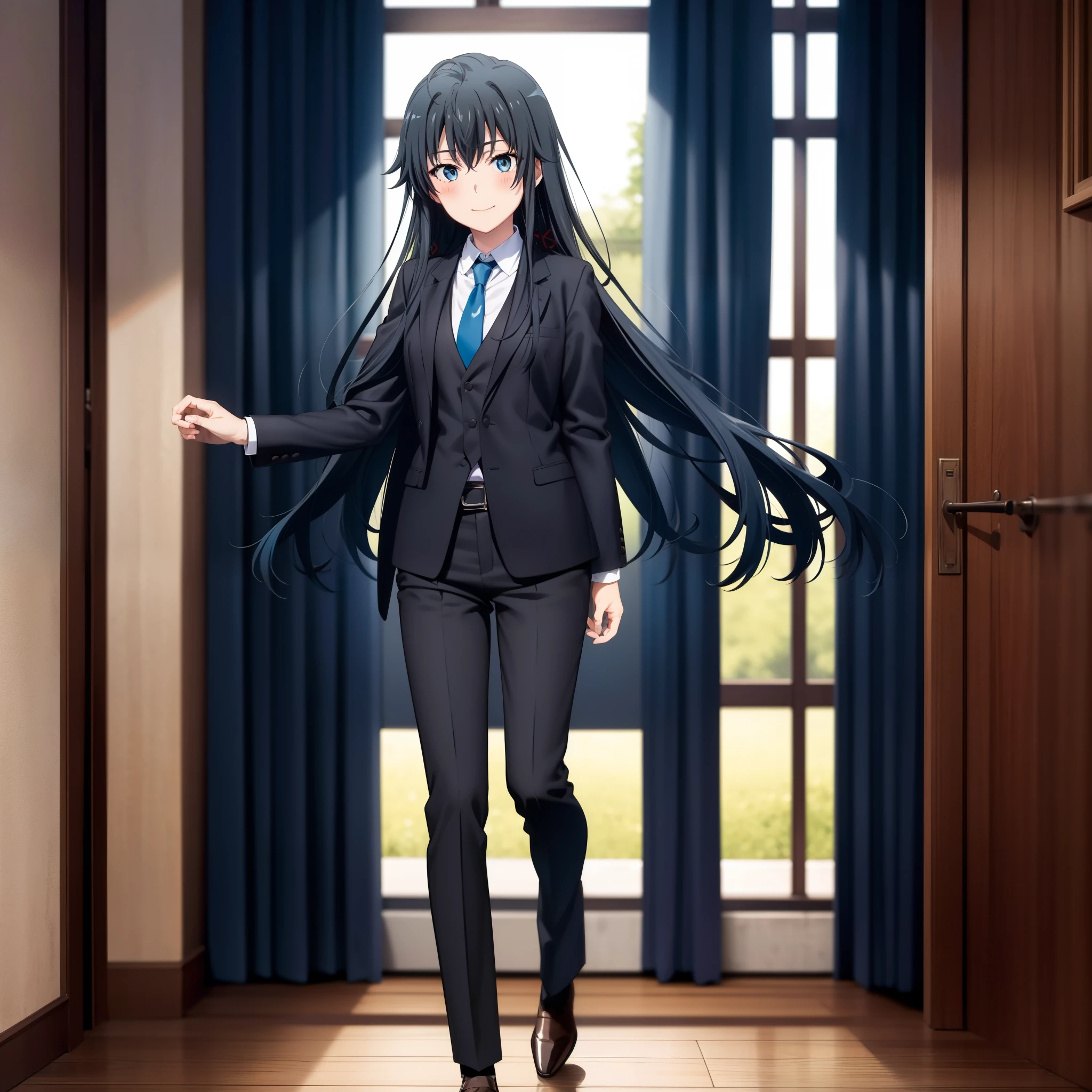 Yukinoshita yukino,woman in formal attireactive suit tuxedo tailcoat standing in a large alcove in the room, 1girl, solo, necktie, black hair, blue eyes, long hair, smile, jacket, looking at viewer, shirt, pants, blue necktie, collared shirt, white pants, white shirt, indoors, bangs, long sleeves, closed mouth, window, black jacket, blush, cowboy shot, formal, suit, full body