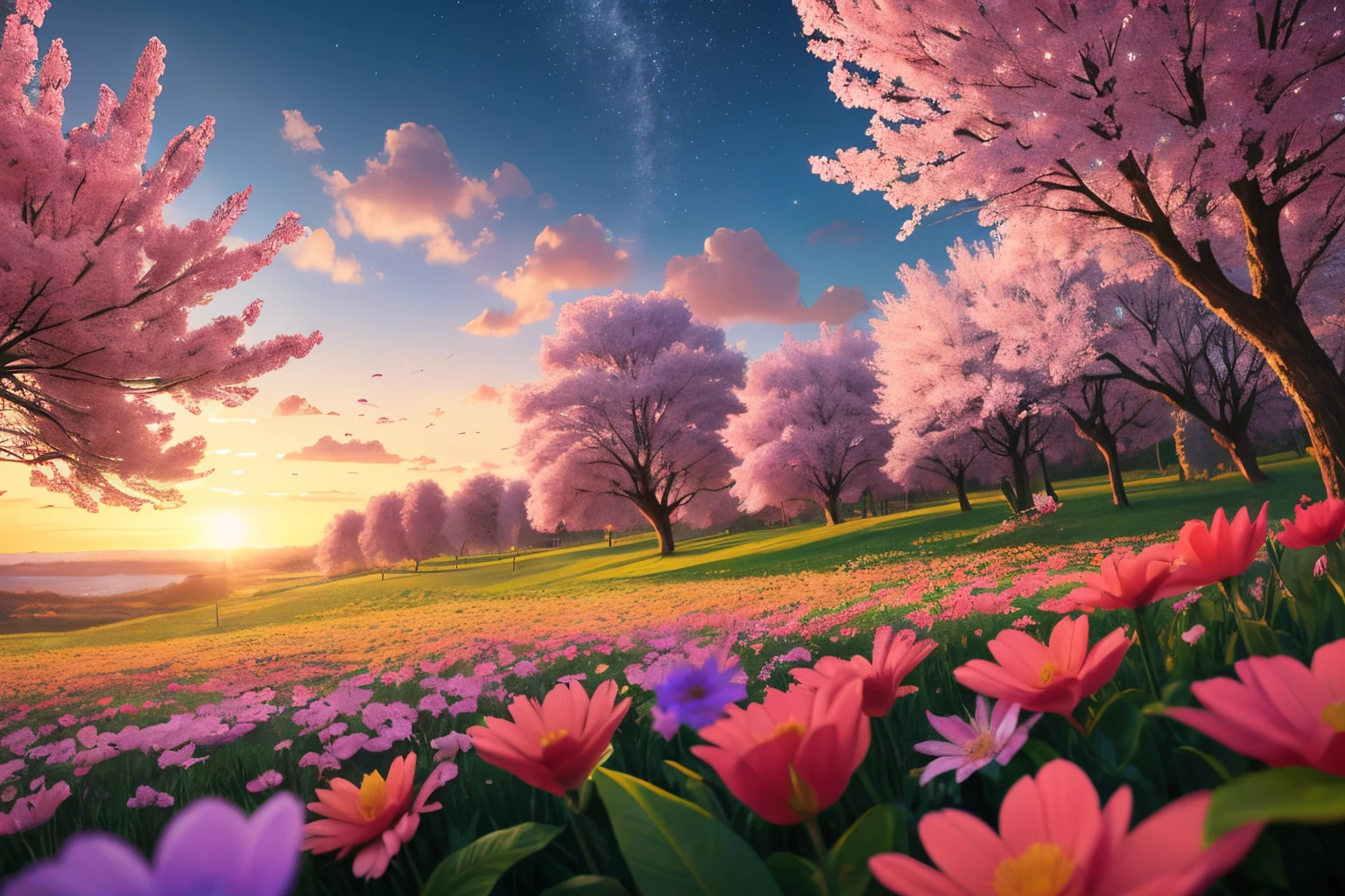 best quality, ultra-detailed,
an extremely delicate and beautiful,
Paradise, utopia, promised land, flowers in full bloom, a perfect world, heavenly joy, dazzling lights, colorful birds, clear skies,