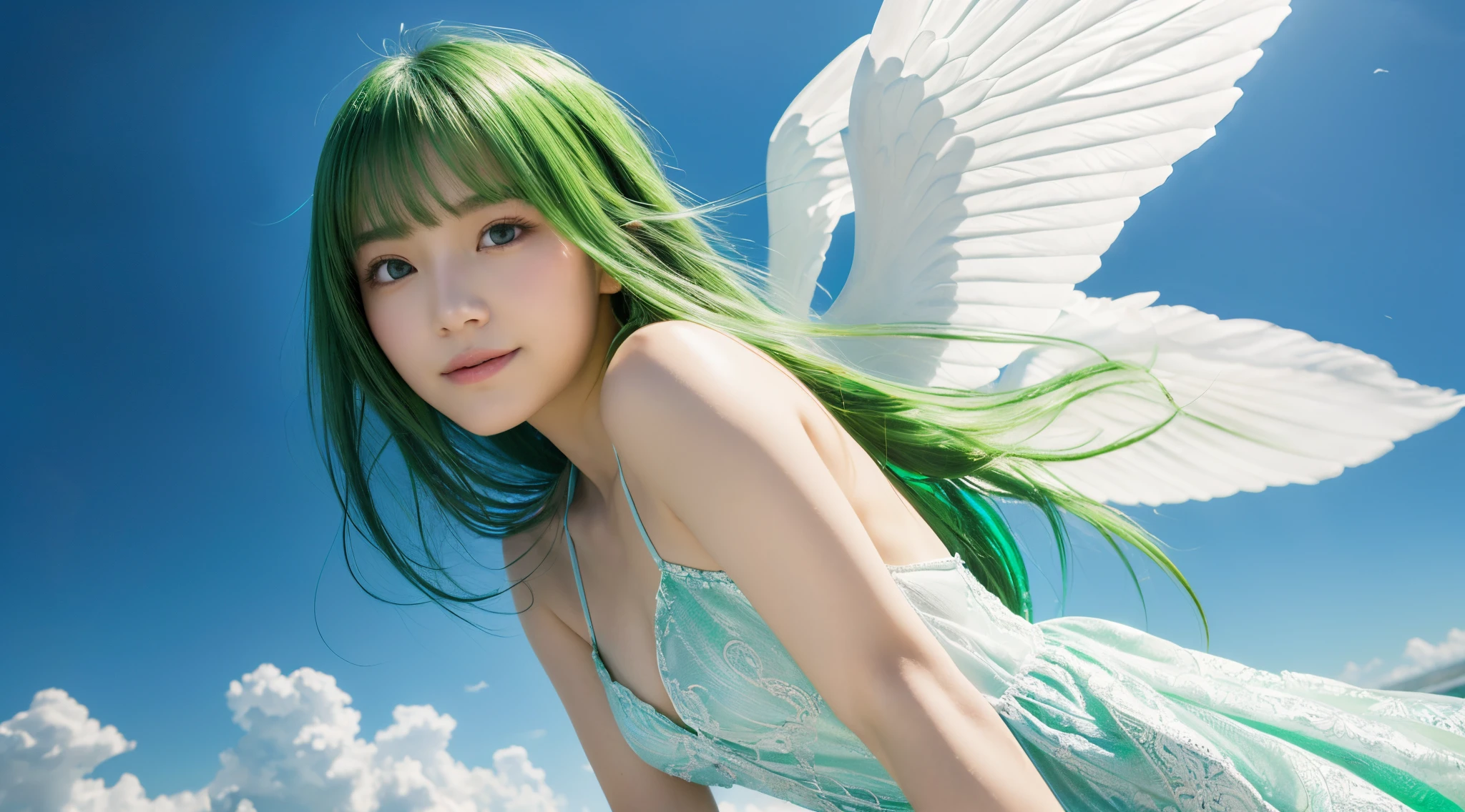 (top-quality,8K picture quality,masterpiece:1.3,),(超A high resolution,Photorealsitic:1.4,Raw photography),(ultra-detailliert,Caustics,perfect anatomia),(Ultra-realistic capture,Beautifully detailed skin),(A girl flies in the sky with big angel wings on her back),(Floating in the air:1.1),green colored hair,smil,stares at the camera,Simple white dress,(Low position:1.3),(low angles:1.2),Skysky,clouds,natural soft light