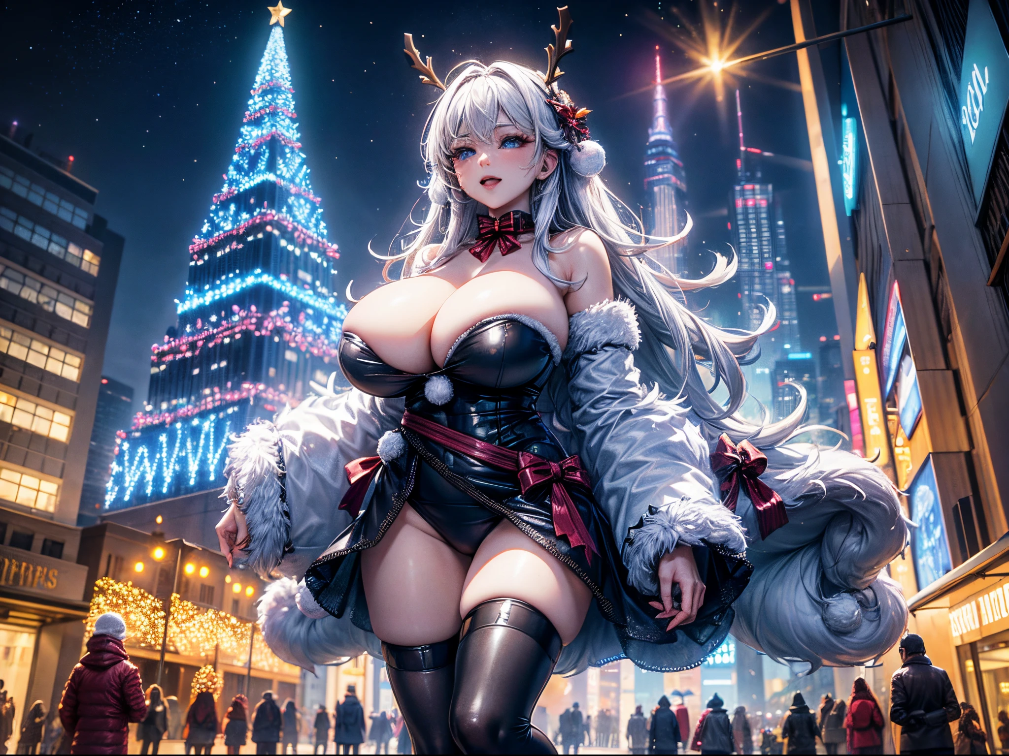 Embrace the holiday spirit by transforming the futuristic city into a Christmas wonderland. Imagine festive decorations, AI-driven Santa bots, and a cityscape adorned with colorful lights. This prompt combines the magic of Christmas with the advanced technology of Leonardo AI. enormous tits