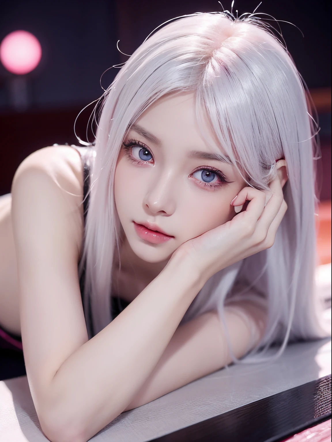 Be a girl with pink skin, pretty eyes (red eyes) as deep as the night sky, Half sad face lying on the table, White hair, looking at you, With anime/Semi-realistic art style