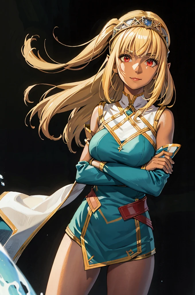 hairband, upper body, sash, blue sky, Standing at attention, dynamic pose, crossed arms, long black coat, blue armor, shoulder armor, long pointy ears, dark elf, dark skin, blonde hair, long hair, Side ponytail, (dark-skinned female:1.2), red eyes, 1 girl, 20yo,Young female, Beautiful Finger, Beautiful long legs, Beautiful body, Beautiful Nose, Beautiful character design, perfect eyes, perfect face, expressive eyes, looking at viewer, (Focus on her face), Light_smile, closed mouth, official art, extremely detailed CG unity 8k