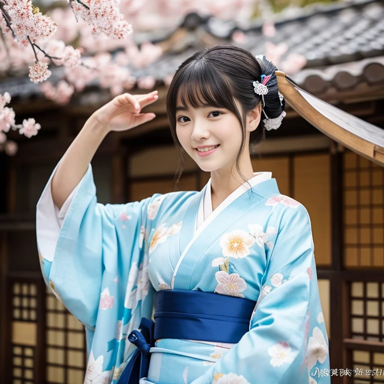 8K,top-quality,ultra-detailliert,masterpiece,realisitic,{{{Photo Real}}},Live Action,extremely detailed cute girl,18age,One,sophisticated gravure idol,Young Gravure Idol,Young Pretty Gravure Idol,Realistic Young Gravure Idol, Young skinny gravure idol,ruddy lips,looking at the viewers,{{fully body photo:1.7}},Cute girl in kimono, traditional geisha clothing, A kimono with long hanging sleeves worn by unmarried women,wearing royal kimono, royal attire akira, from sengoku period, Traditional Japan kimono, inspired by Uemura Shōen, palatial palace , inspired by Sesshū Tōyō, heian, sky blue kimono,Kimono with cherry blossom hem pattern,Clean long black hair:1.7,Ponytil:1.1,beauitful face:1.3,perfectly proportions:1.2,Mega-breasted:1.3,Textured skin,Very cute smile:1.3,Slender face:1.7,sexy facial expression,from the front side:0.7,bare hand,Left and right symmetrical eyes,The face is illuminated,to the hem of the kimono,{{Full body photo:1.7}},low angles:1.7,Hasedera Temple's climbing gallery、Soft spring sunshine、