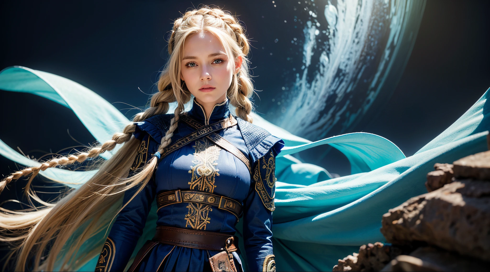 white woman with braids and blue eyes, Olhando para o oceano, Mulher bonita e estilo viking, blonde braids and blue eyes, Two Long Braids, Two Long Braids, cabelos castanhos claros, olhos azuis, Olhos do Azure, Olhos azuis azuis, Woman with braided brown hair, olhos azuis impressionantes, Norse goddess, folded arms, Fundo Oceano, oceano de fundo, folded arms, roupa futurista azul escuro cobrindo todo o corpo, roupa futurista azul escuro, uma pena azul escura no cabelo, 2 long braids in the hair going down the back