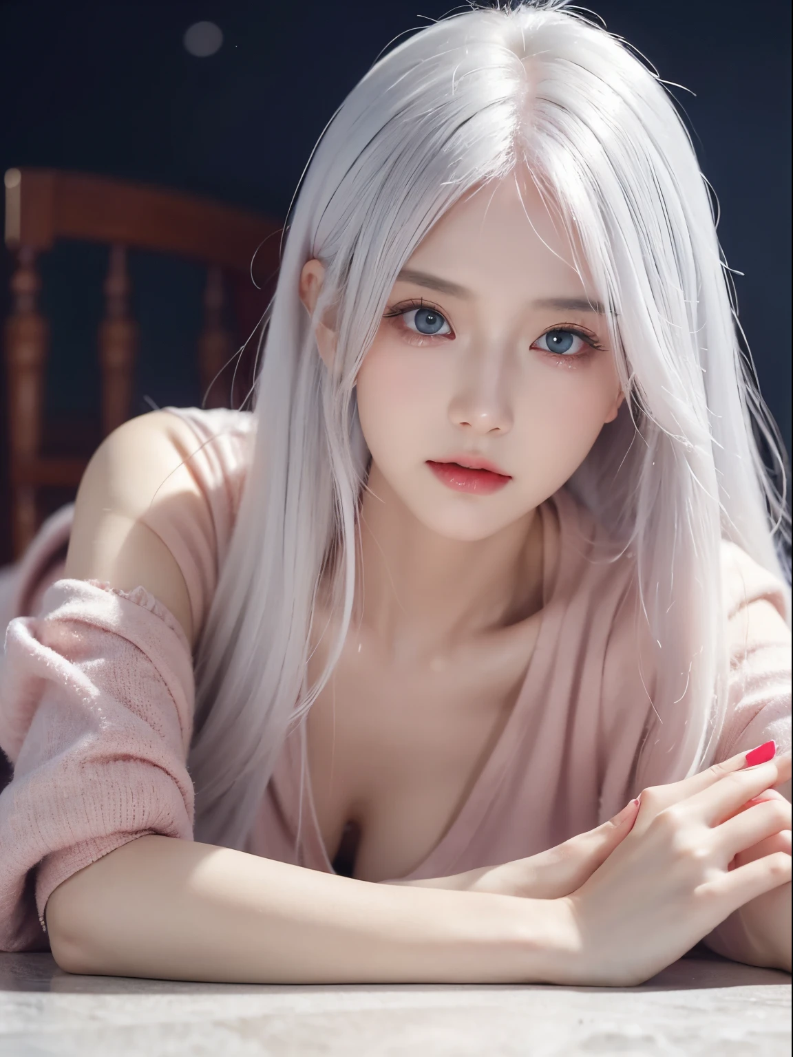 Be a girl with pink skin, pretty eyes (red eyes) as deep as the night sky, Half sad face lying on the table, White hair, looking at you, With anime/Semi-realistic art style