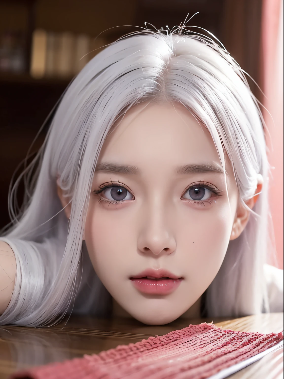 Colored inner hair, silver hair, gradient hair, asymmetrical hair, hairpin, God's throne, There are moles under the eyes, one eye closed, pointed ears, earrings, Smile, light Smile, red ears, seductive Smile, light blush, Heart in eyes, Surrealism, shadow, relief, Stereo view, vertical painting, Throw, atmospheric perspective, 8k, Super details, precise, best quality