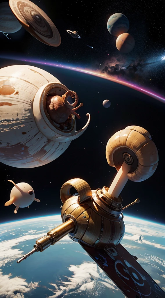 Smoked snail smokes a joint in space against the backdrop of the planets