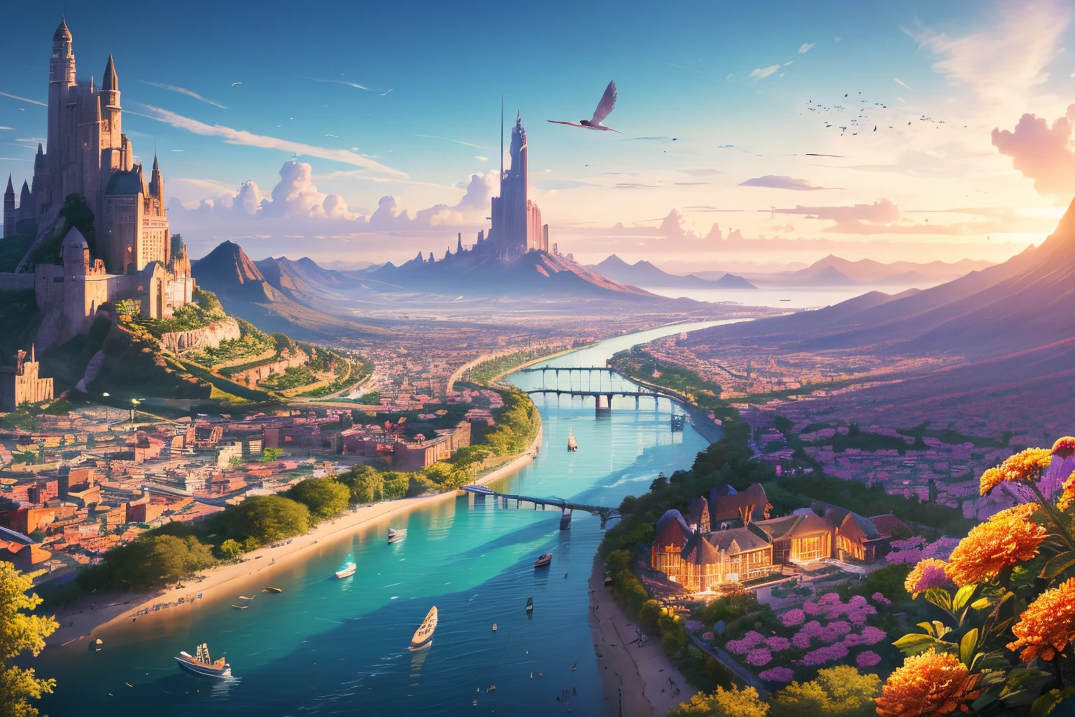 best quality, ultra-detailed, 
an extremely delicate and beautiful, 
Utopian Worlds, Paradise, utopia, promised land, flowers in full bloom, a perfect world, heavenly joy, dazzling lights, colorful birds, clear skies,