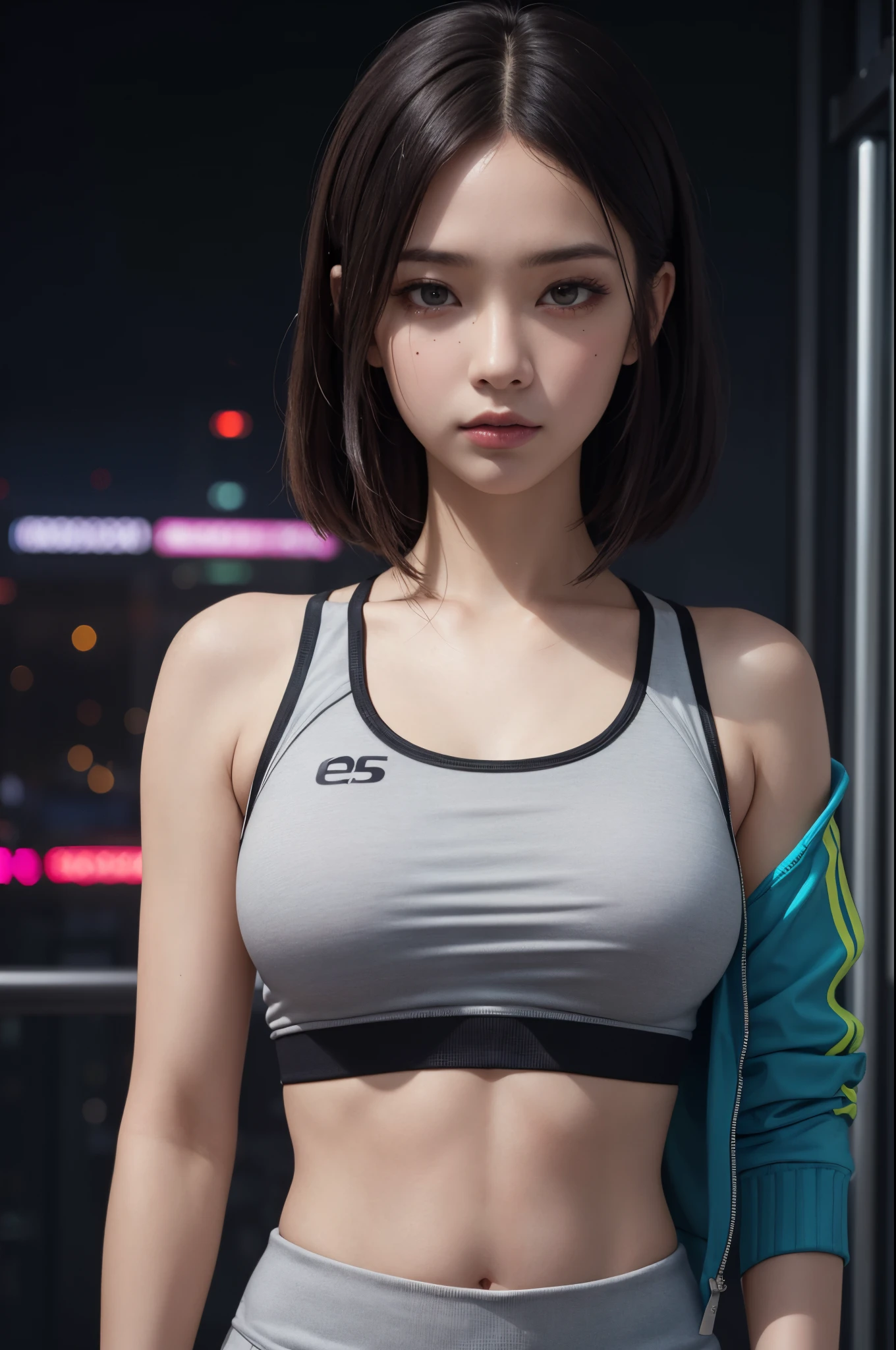 Sports Bra, sports jacket, Sweatpants, , (cyberpunk setting: 1.2), makeup,, (1 girl: 1.4), Best Quality, masutepiece, (reality: 1.2), Young Woman, Lady, Detailed face, Detailed eyes, detailed hairs, Detailed skin, Looking at Viewer, Dramatic, Vibrant, Sharp Focus, 50 millimeters, F1.2, EOS R8, (3/4 body: 1.2), Standing, (Complex background: 1.6), (Best Quality Detail: 1.2), 8K HD,